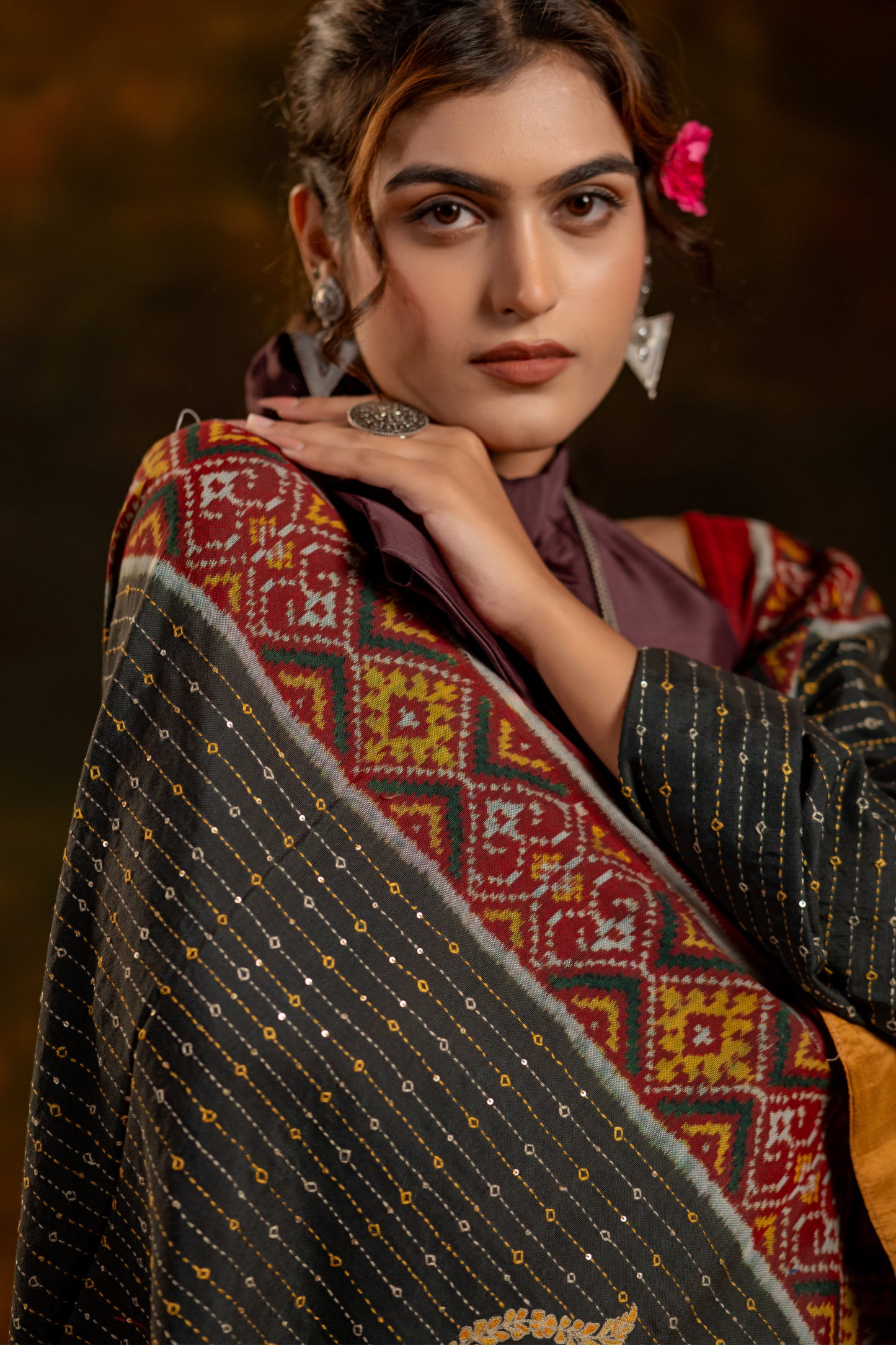 Artisanal Charcoal Black Cotton Dupatta With Heritage Weaves