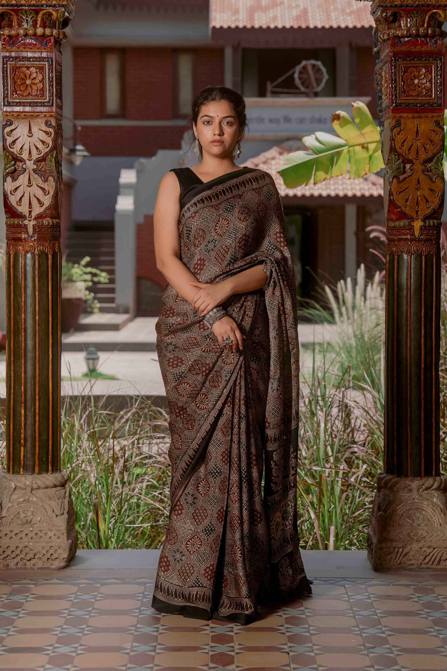 Ajrakh Saree With Badla Work With Tassels