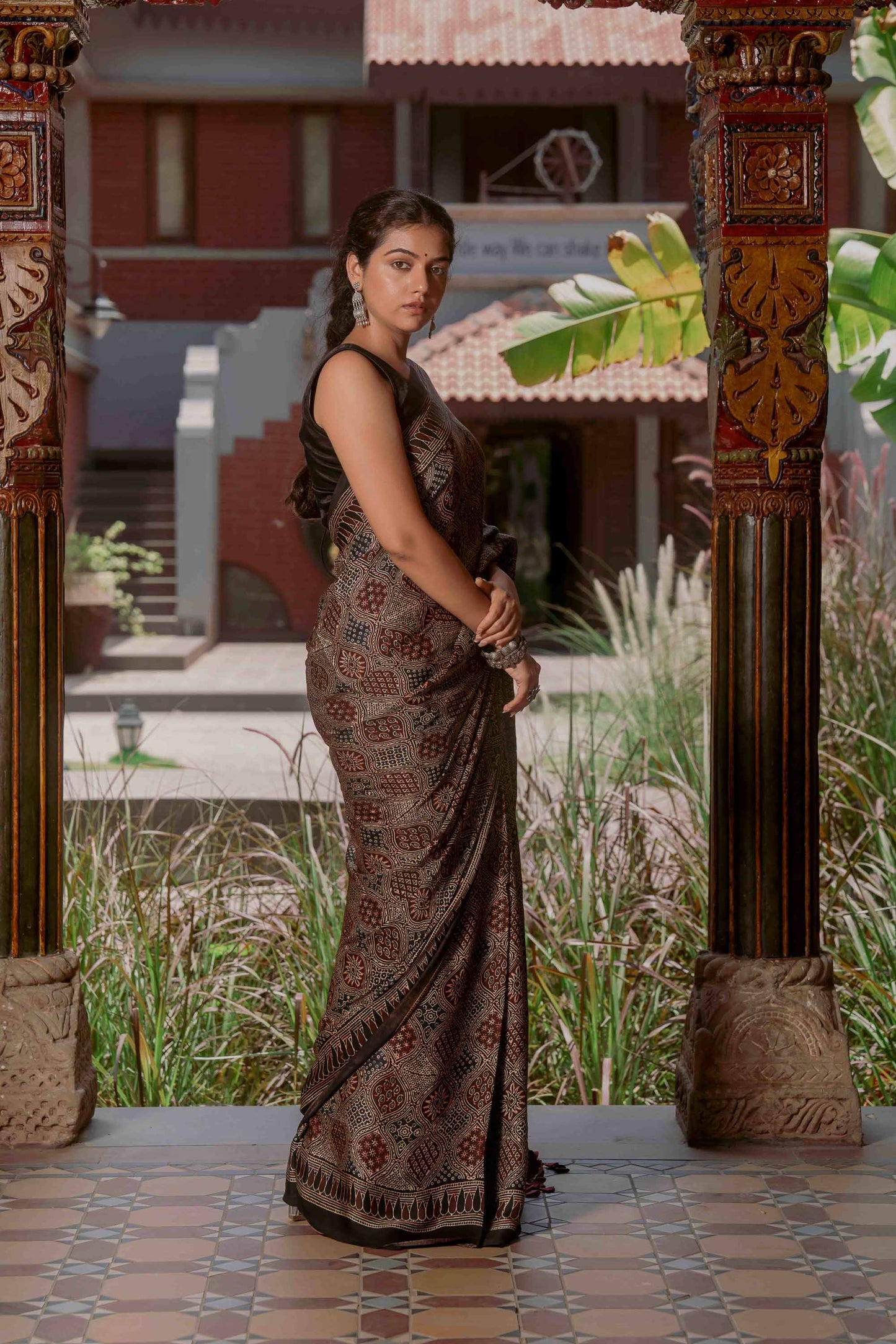 Ajrakh Saree With Badla Work With Tassels