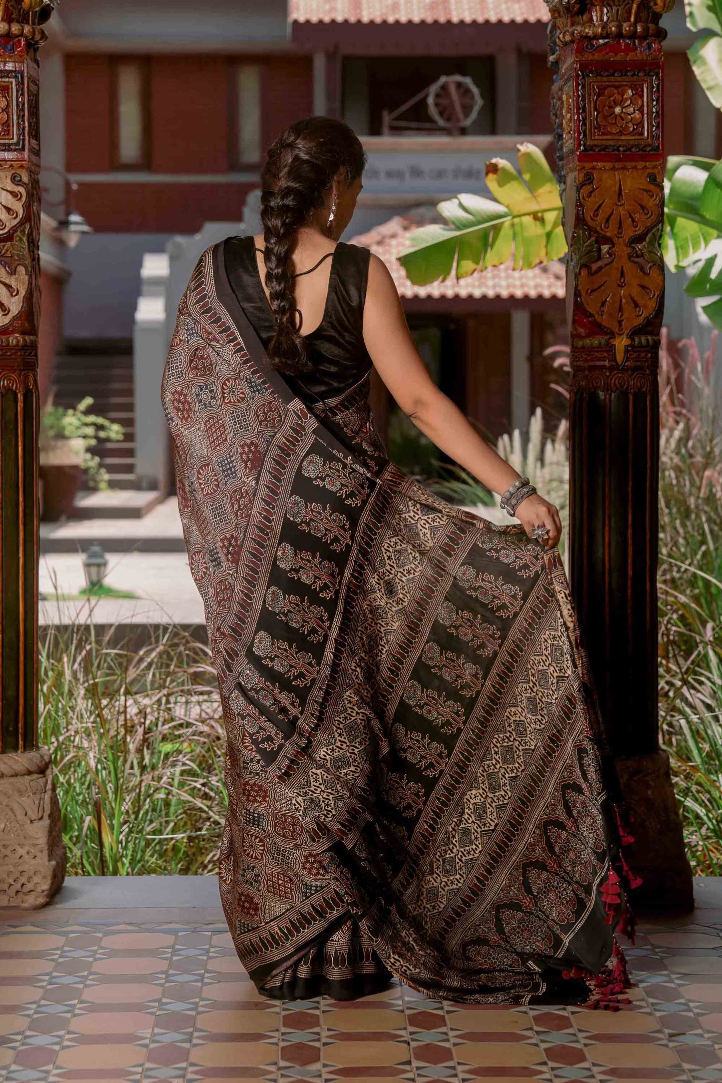 Ajrakh Saree With Badla Work With Tassels