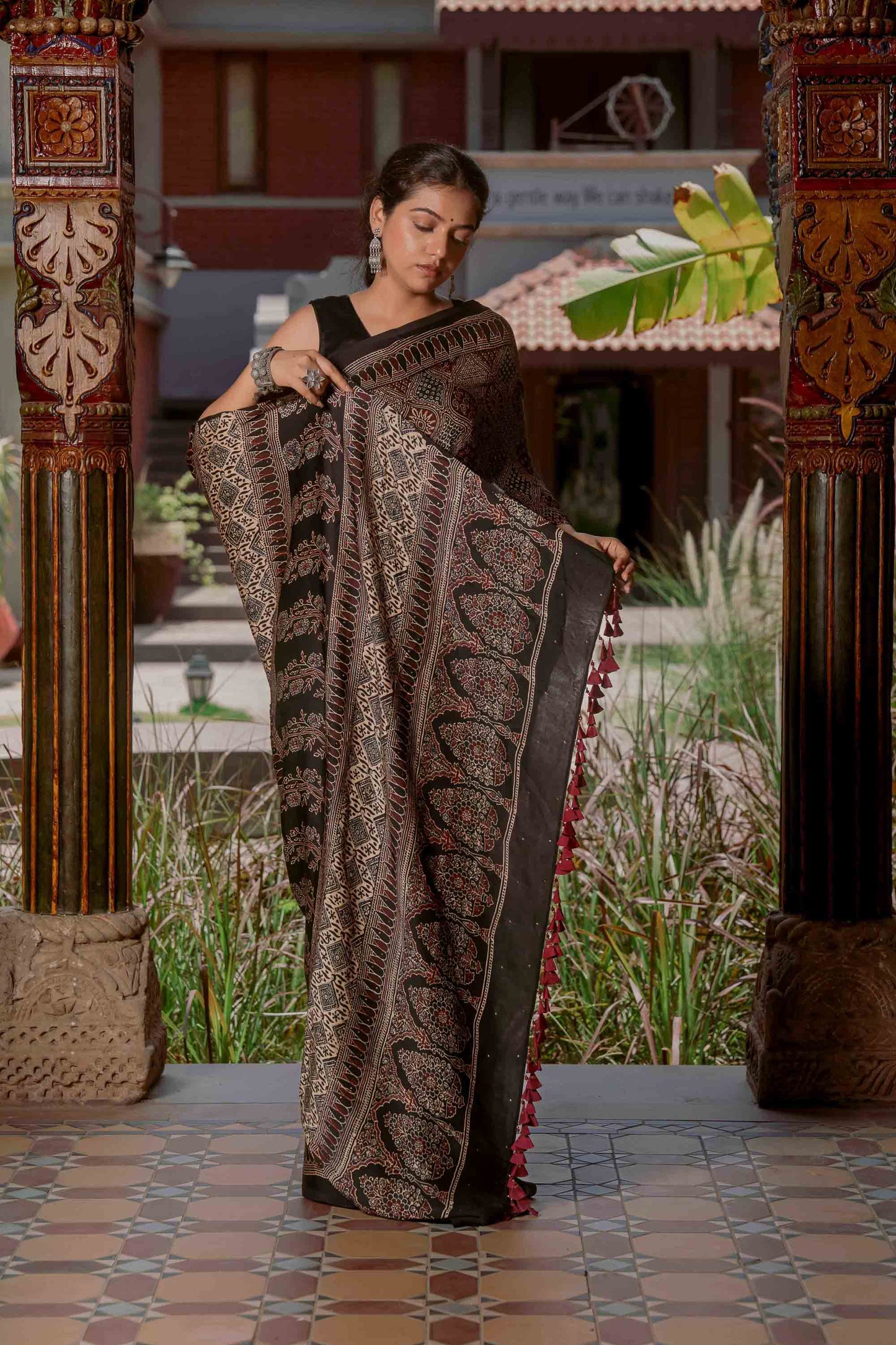 Ajrakh Saree With Badla Work With Tassels