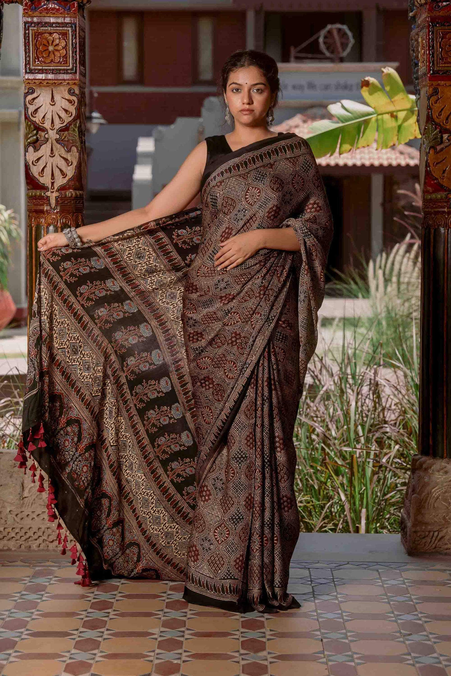 Ajrakh Saree With Badla Work With Tassels