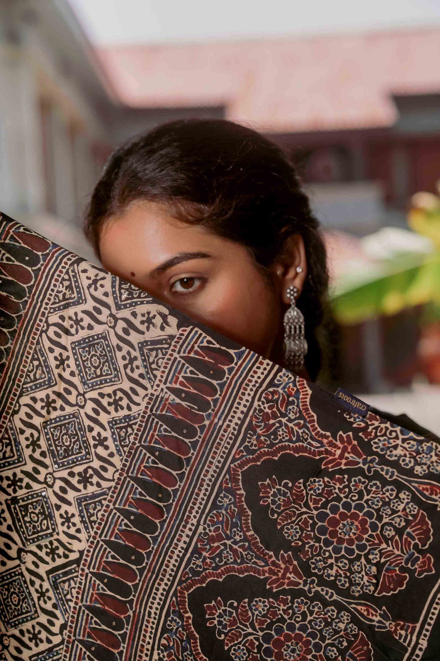 Ajrakh Saree With Badla Work With Tassels