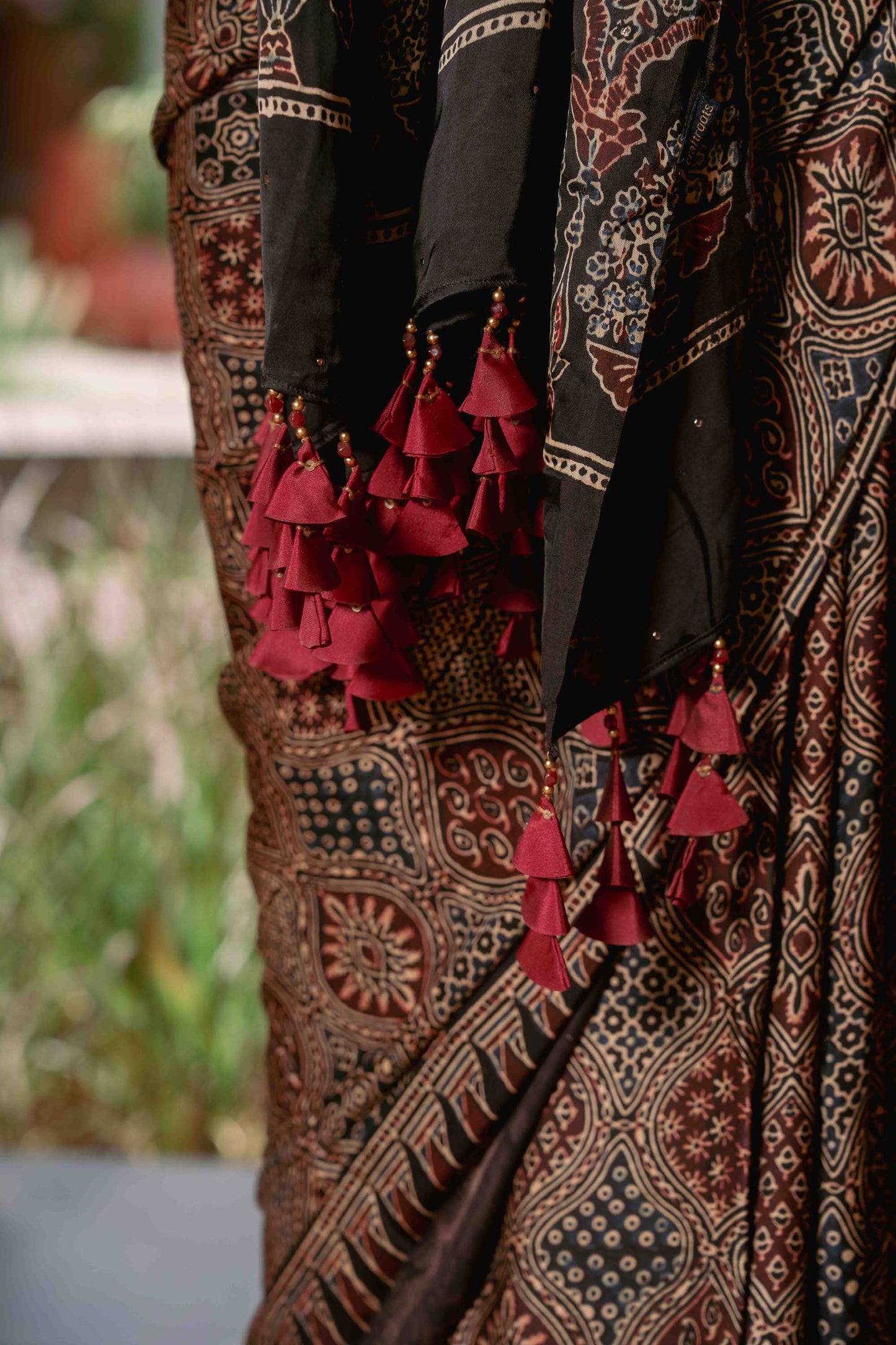 Ajrakh Saree With Badla Work With Tassels