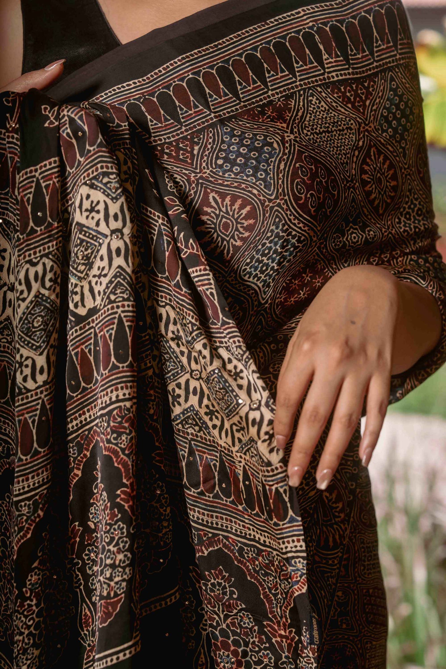 Ajrakh Saree With Badla Work With Tassels