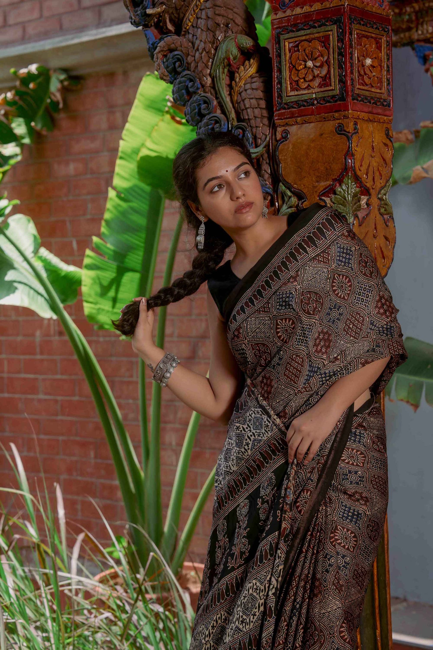 Ajrakh Saree With Badla Work With Tassels