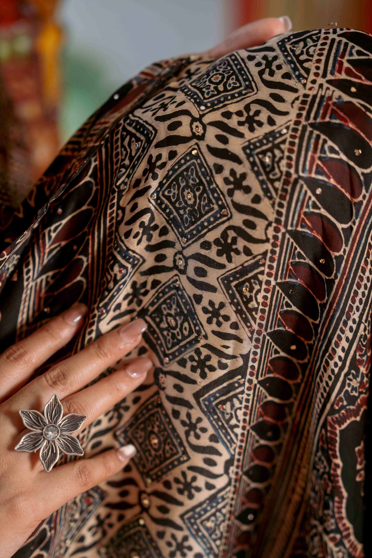 Ajrakh Saree With Badla Work With Tassels