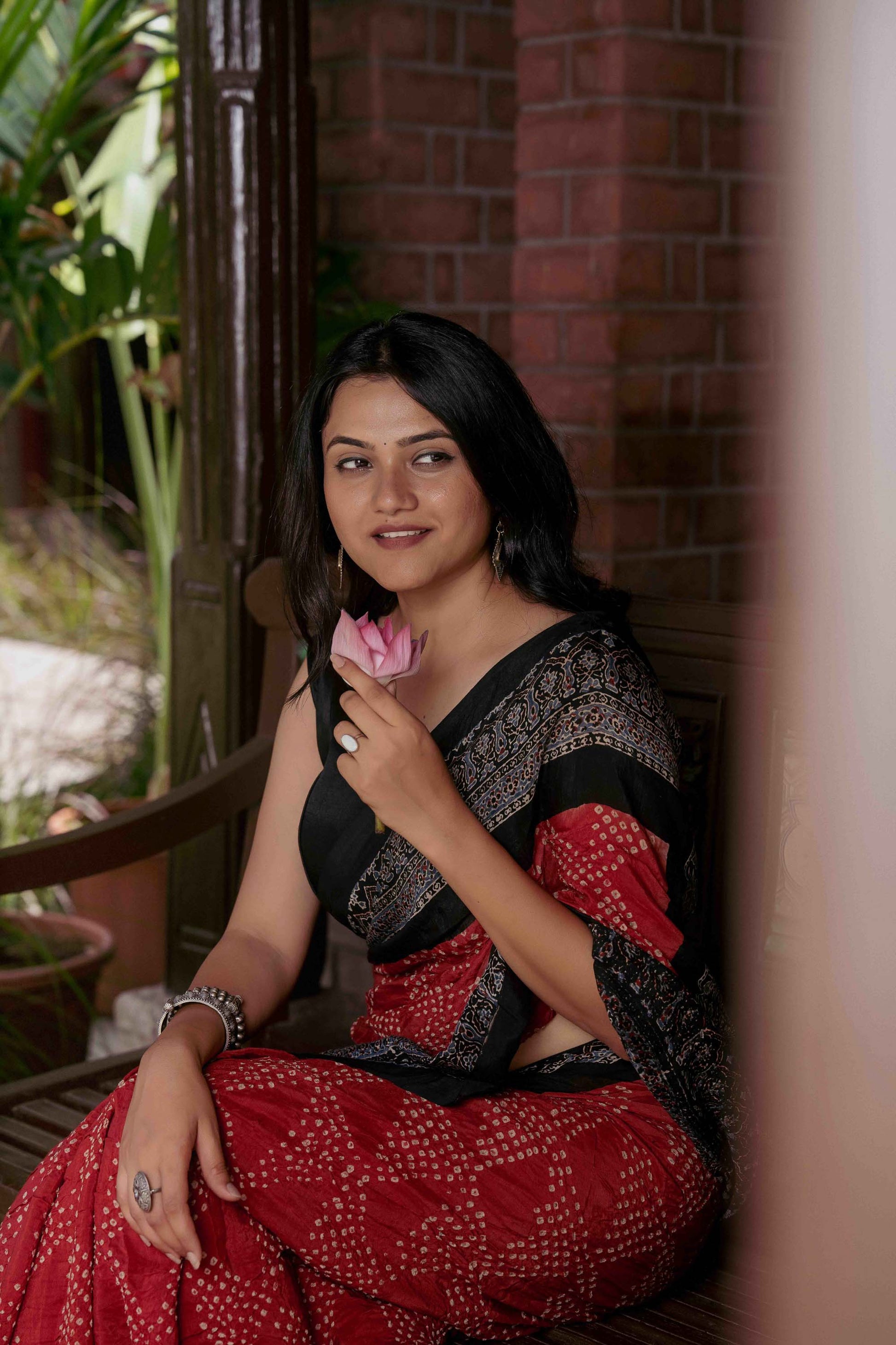 Orange Ajrakh Bandhani Saree With Tassels