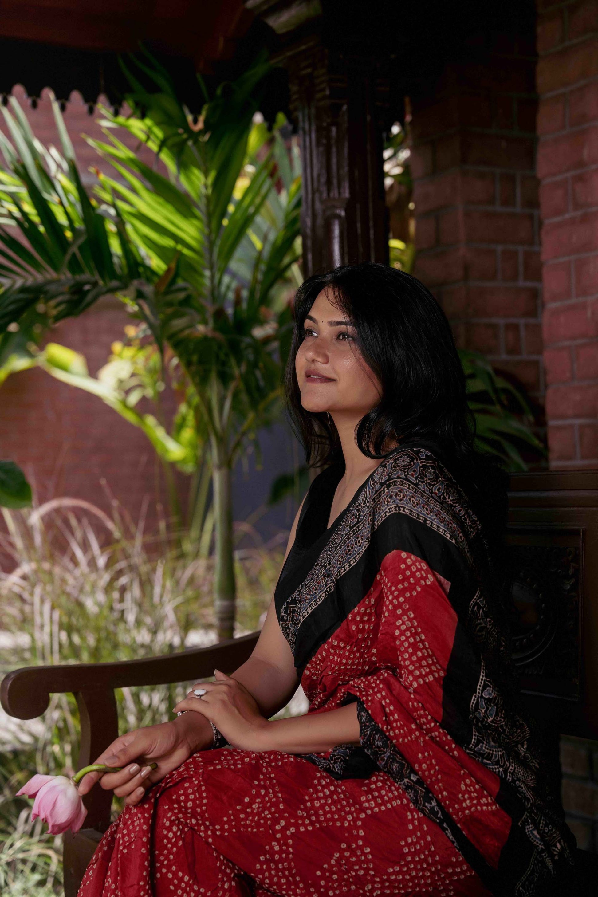 Orange Ajrakh Bandhani Saree With Tassels