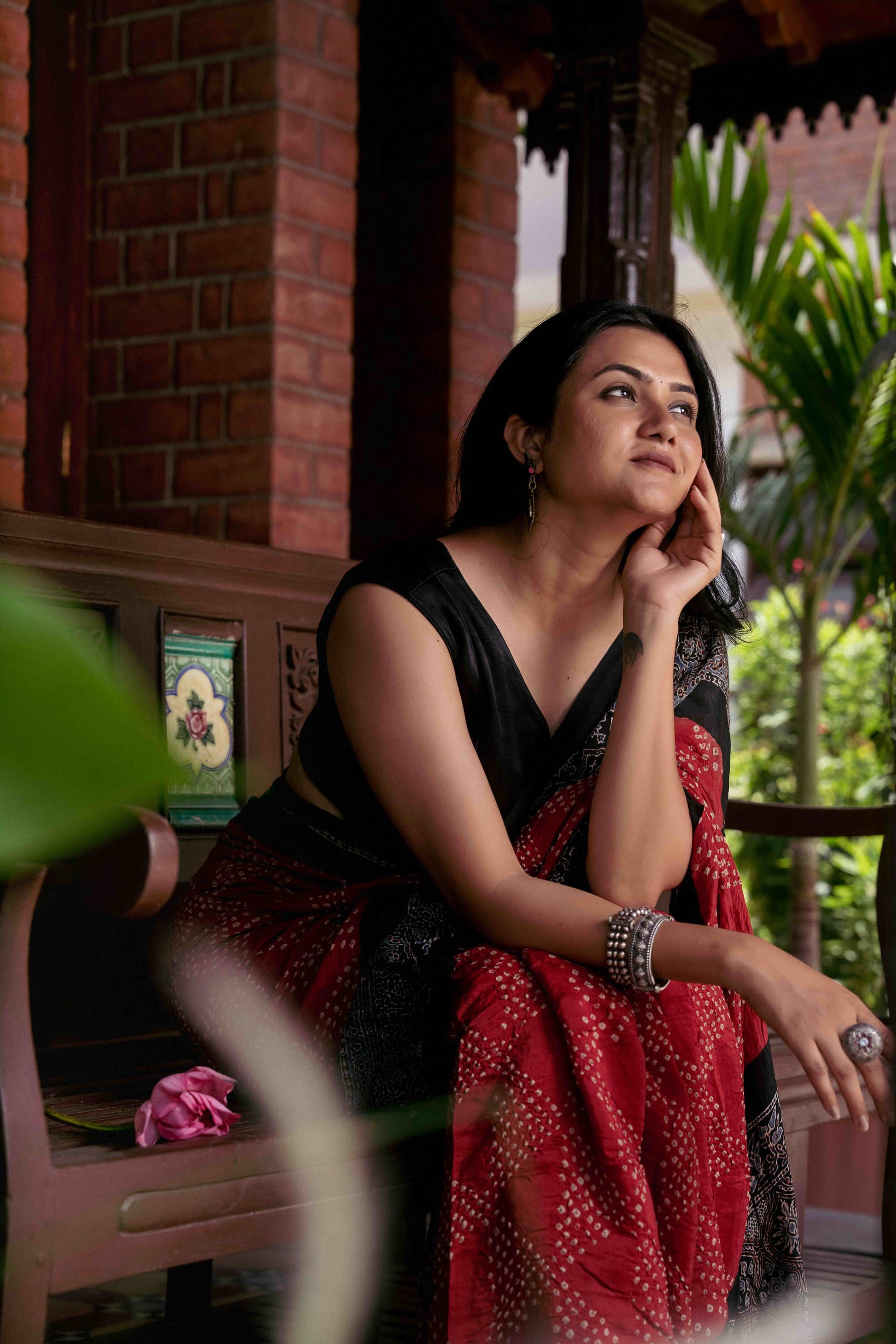 Orange Ajrakh Bandhani Saree With Tassels