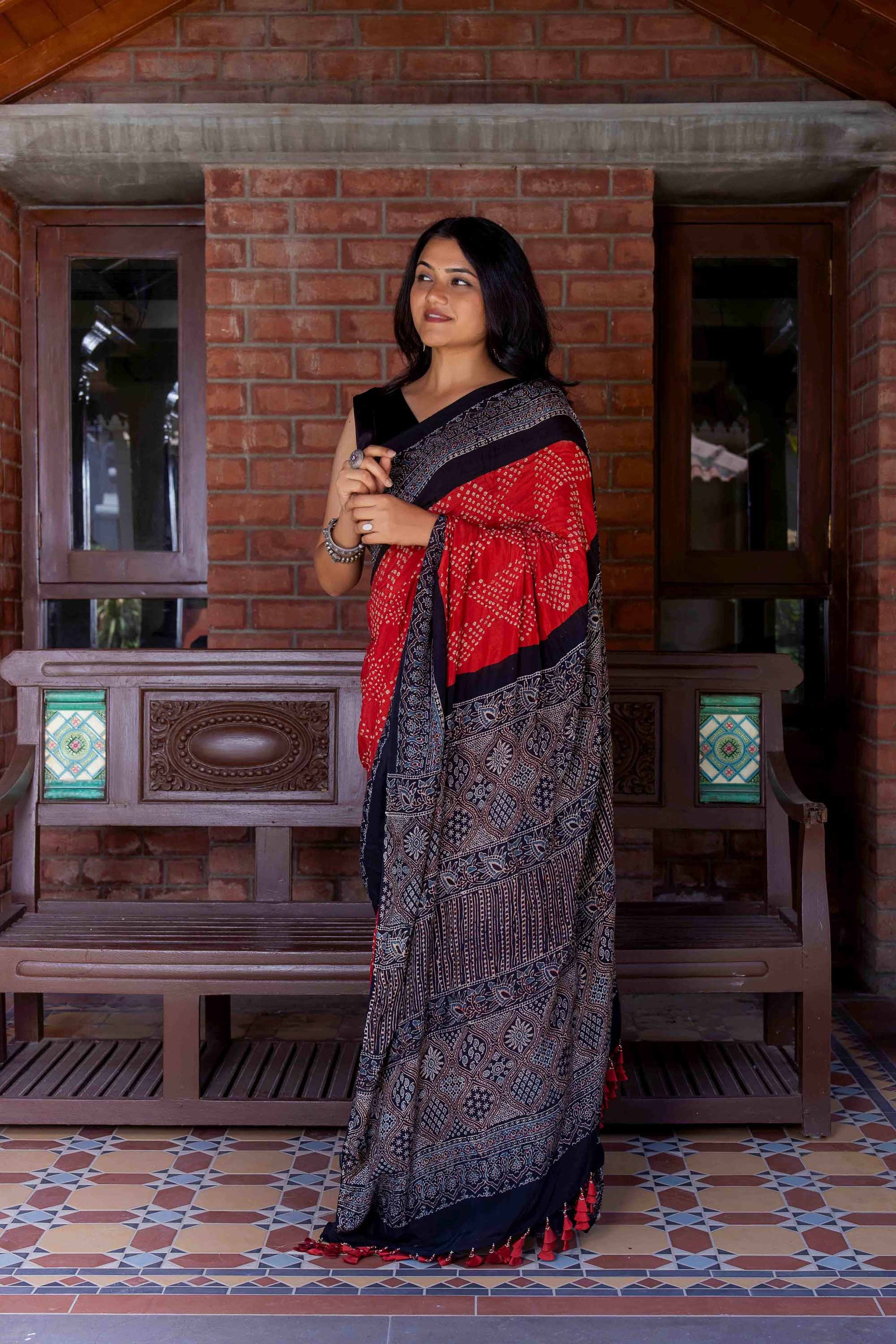 Orange Ajrakh Bandhani Saree With Tassels