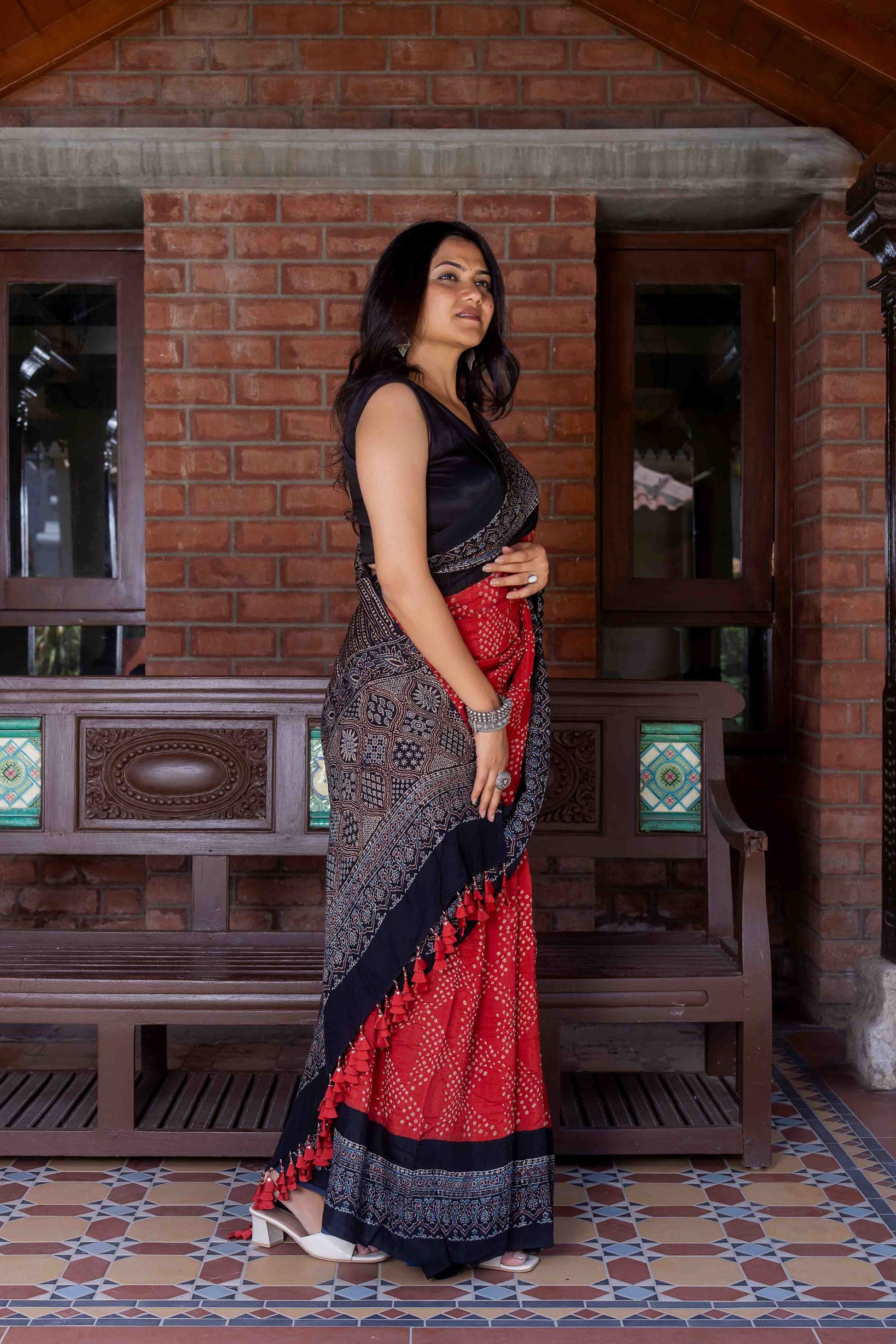 Orange Ajrakh Bandhani Saree With Tassels