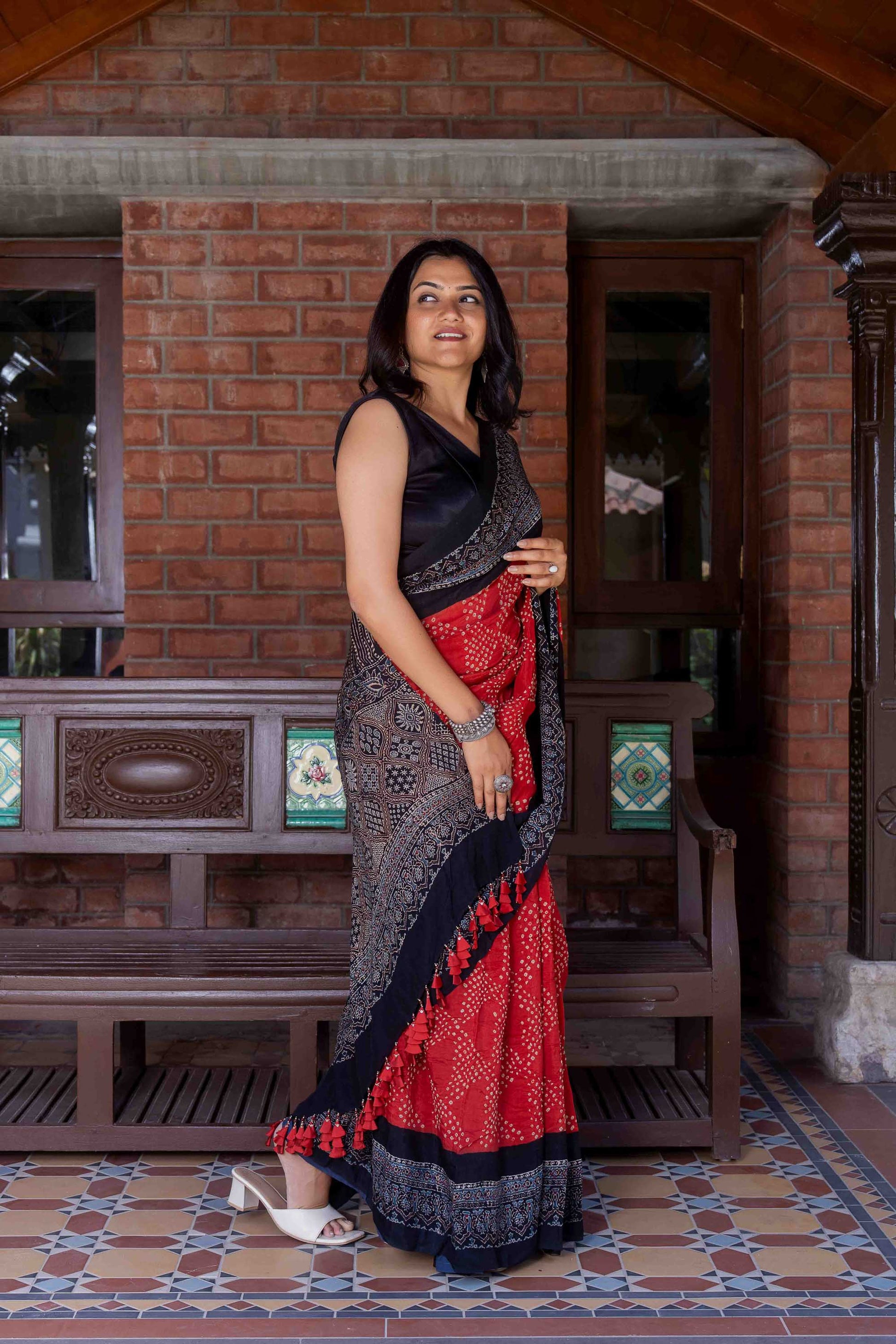 Orange Ajrakh Bandhani Saree With Tassels