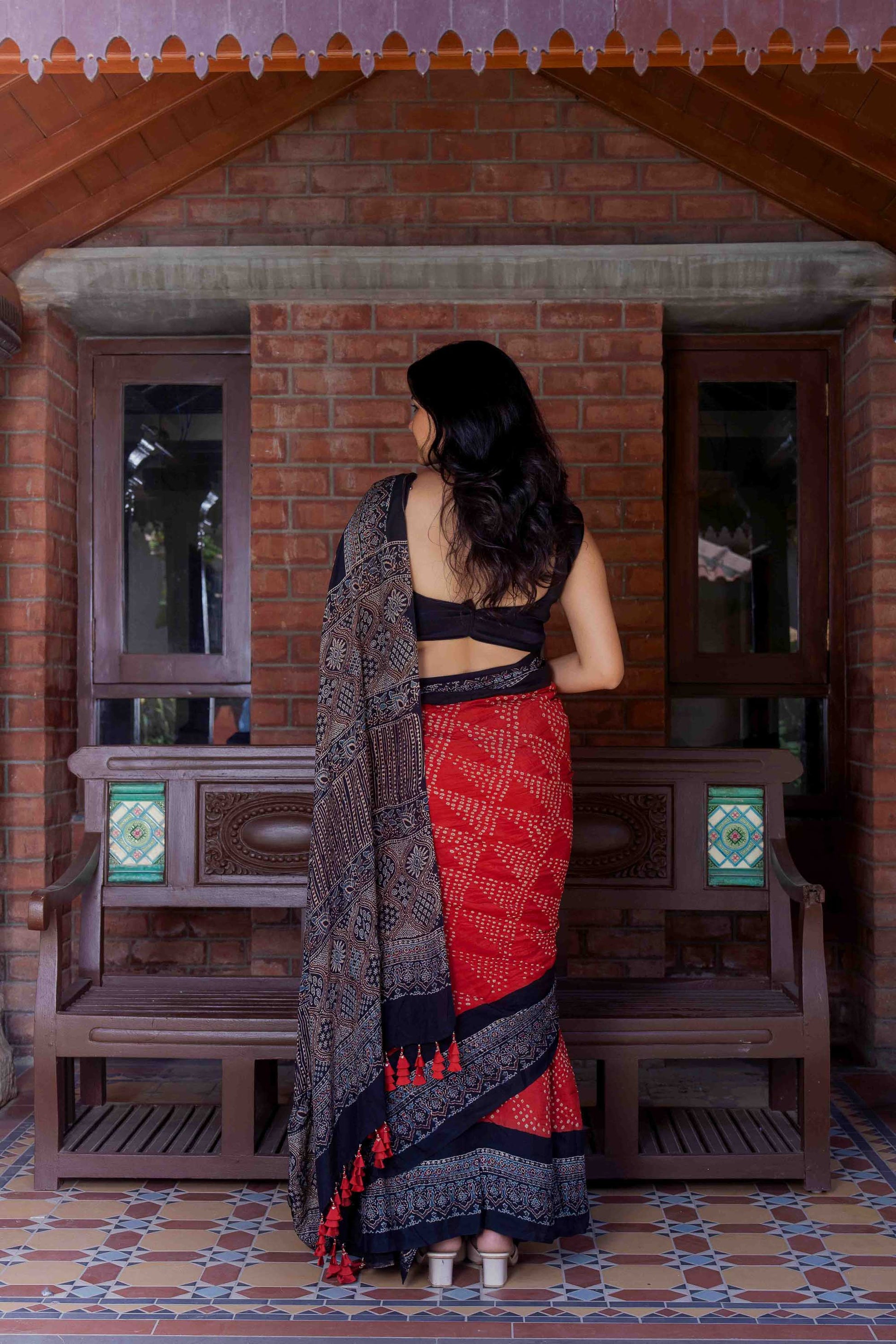 Orange Ajrakh Bandhani Saree With Tassels