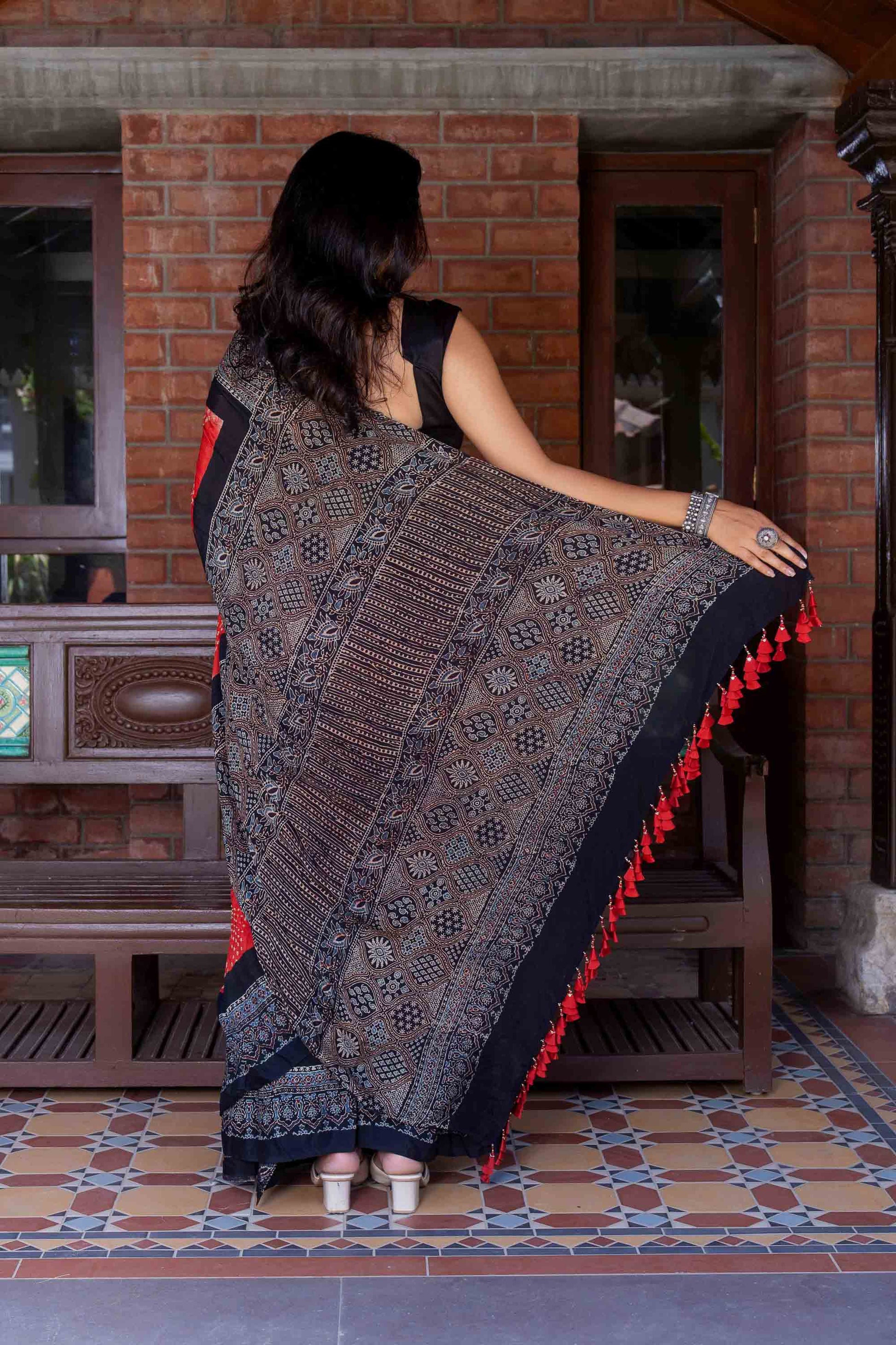 Orange Ajrakh Bandhani Saree With Tassels