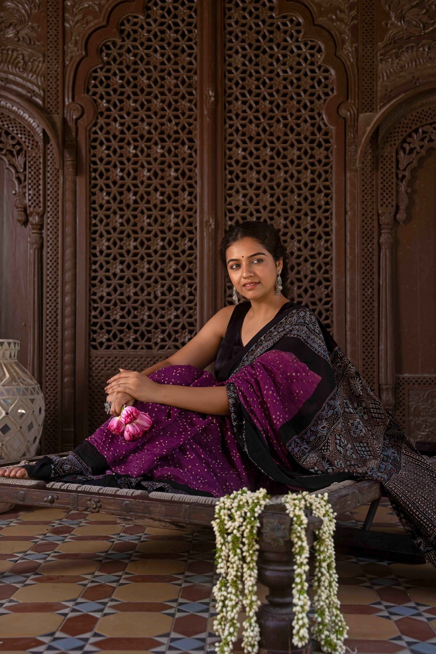 Purple Ajrakh Bandhani Saree With Tassels