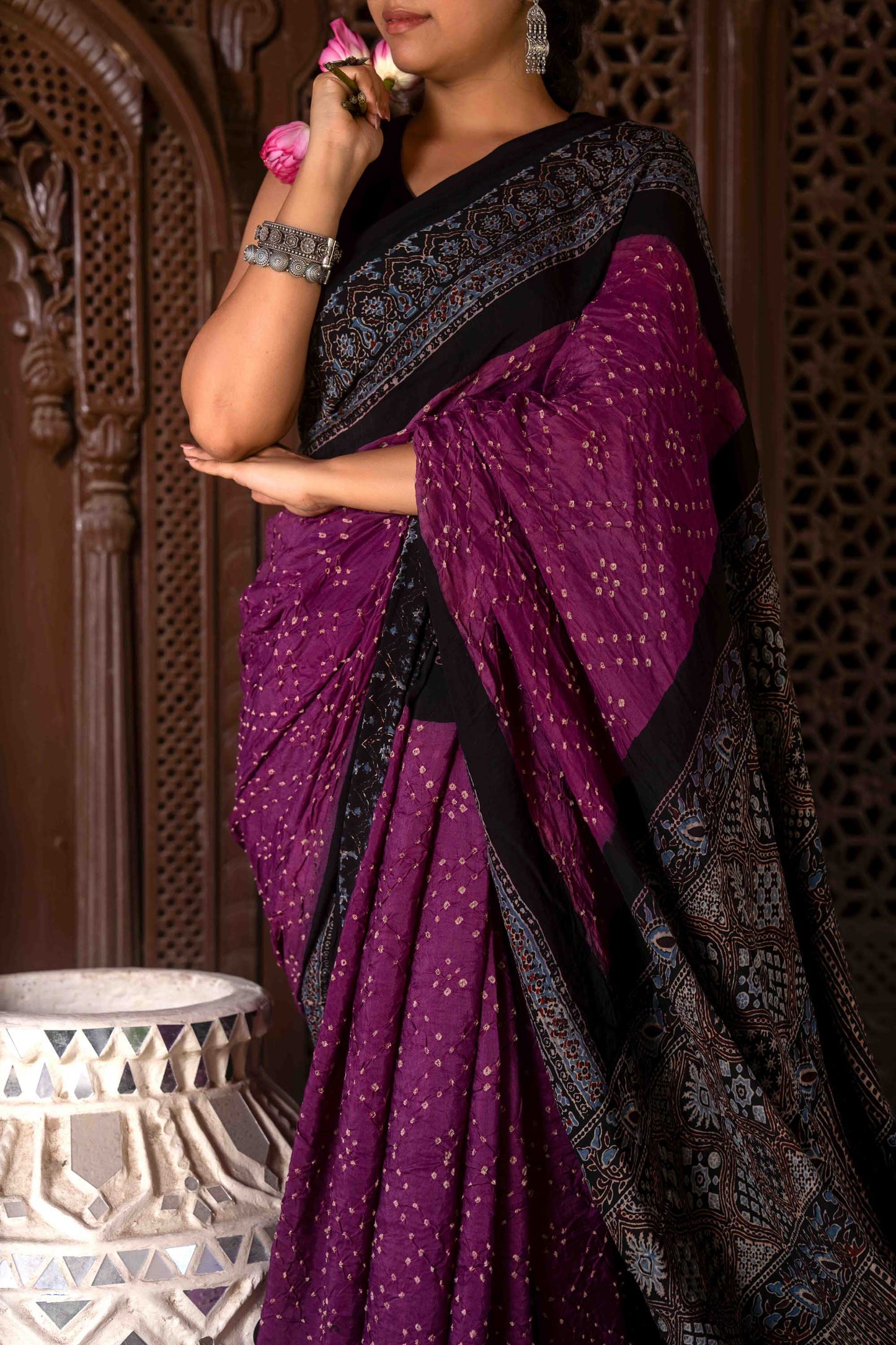 Purple Ajrakh Bandhani Saree With Tassels