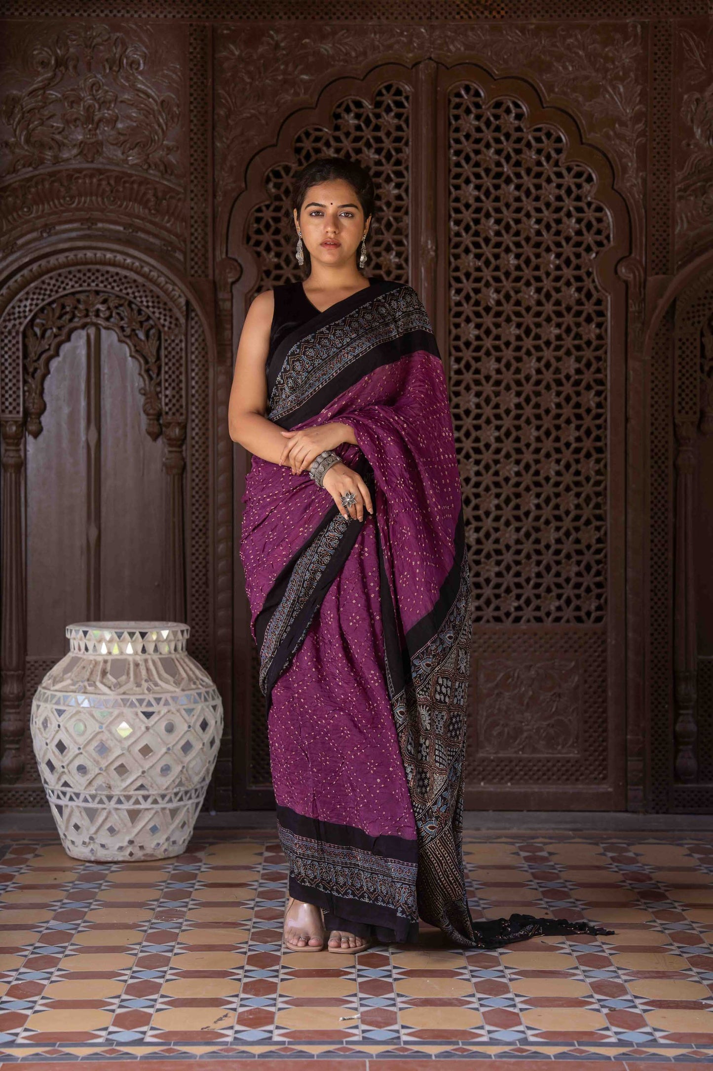 Purple Ajrakh Bandhani Saree With Tassels