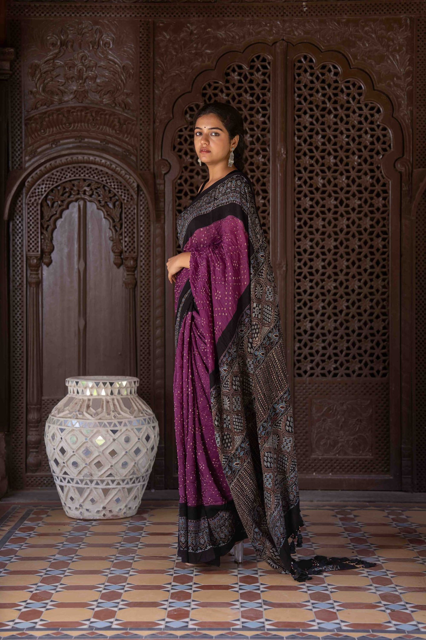 Purple Ajrakh Bandhani Saree With Tassels