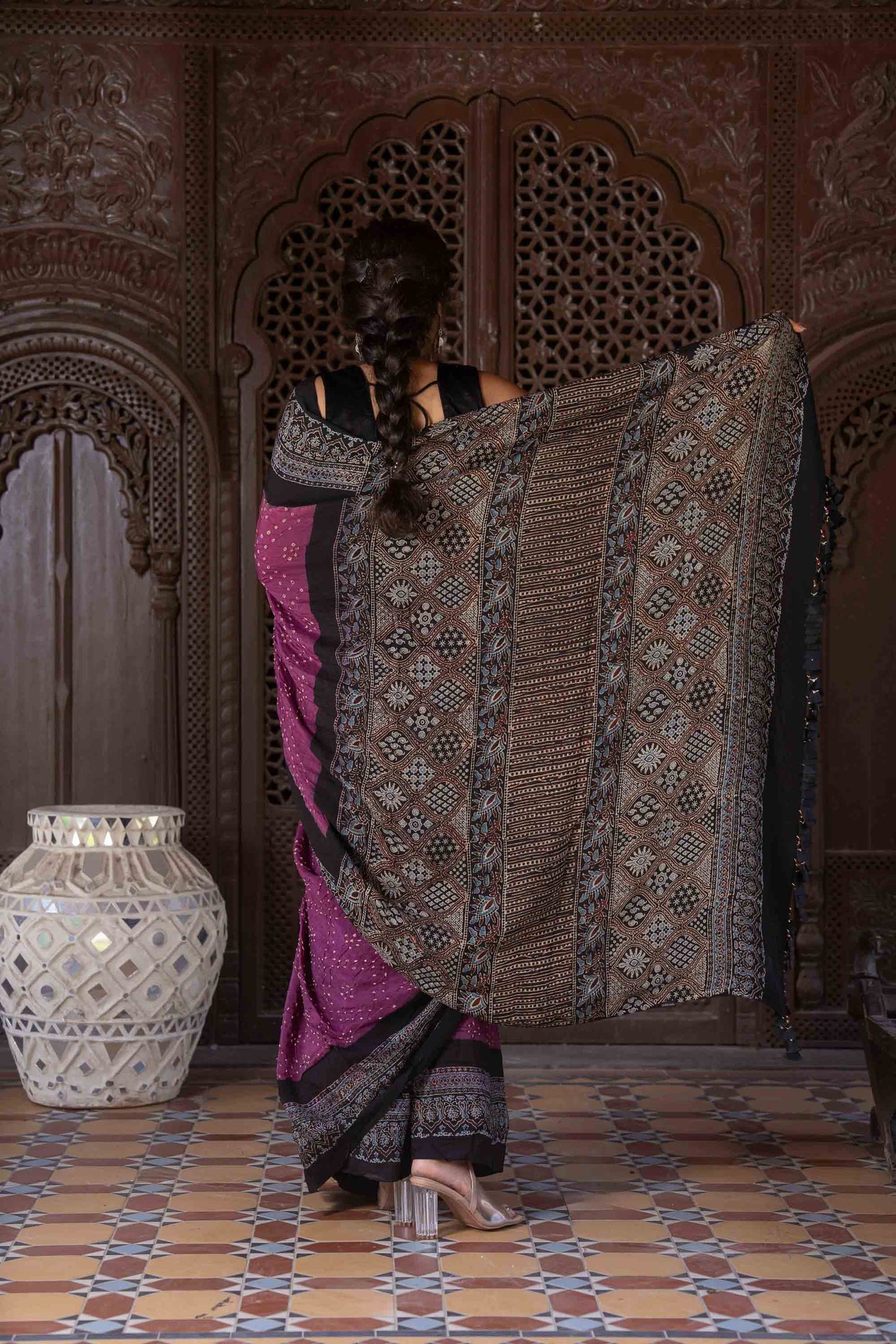Purple Ajrakh Bandhani Saree With Tassels