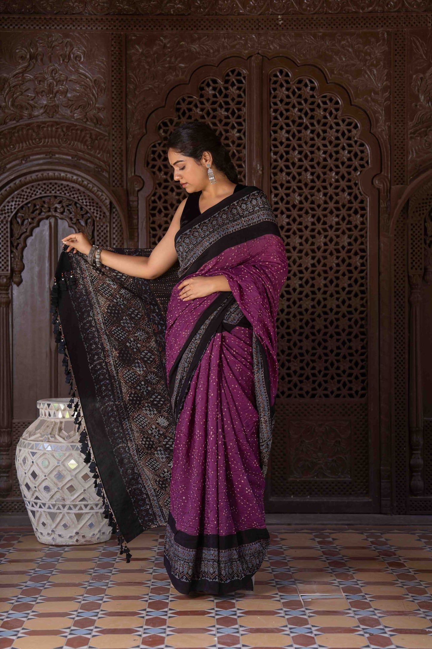 Purple Ajrakh Bandhani Saree With Tassels