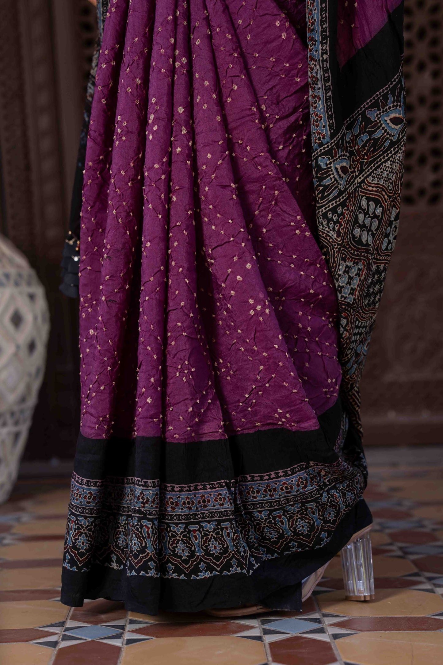 Purple Ajrakh Bandhani Saree With Tassels