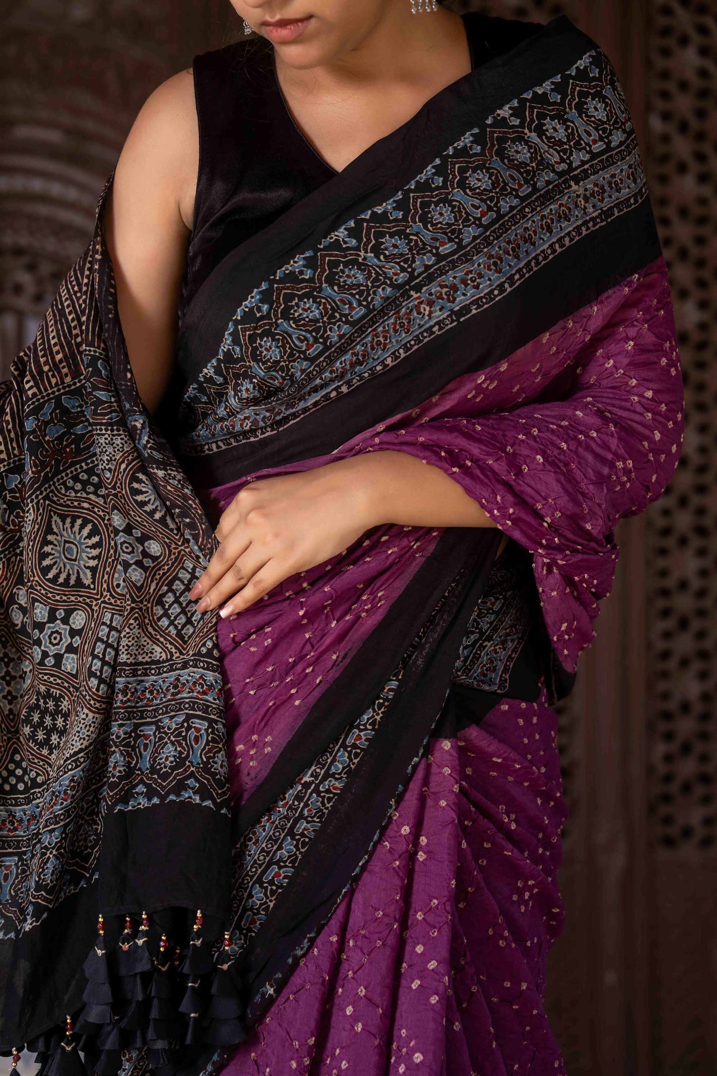 Purple Ajrakh Bandhani Saree With Tassels
