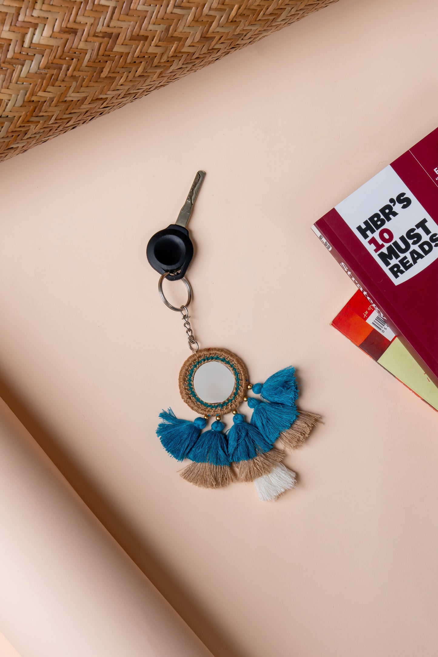 Round Ivory Mirror and Sky Blue Tassels Keychain