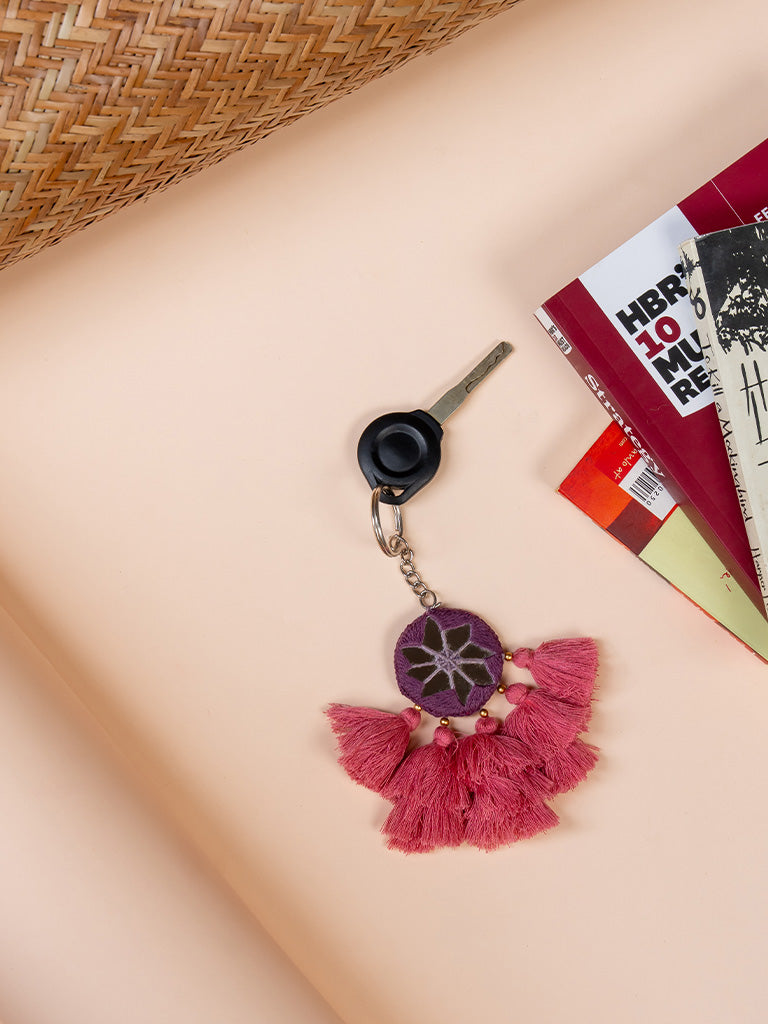 Round Purple Mirror & Peach Tassels Keychain