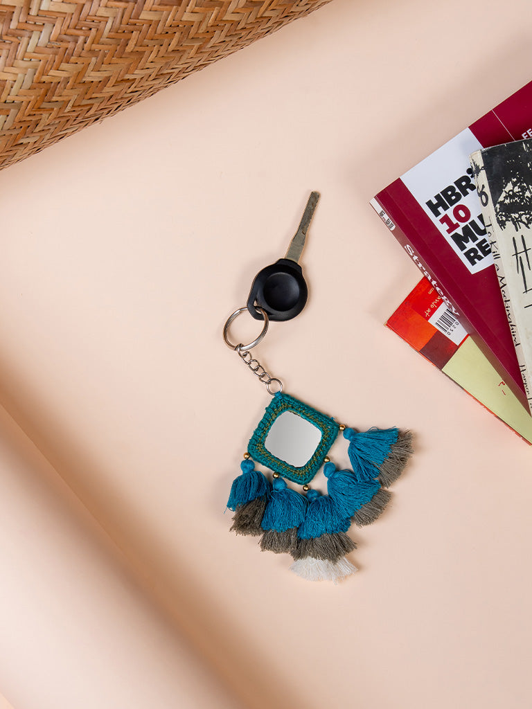 Square Mint Mirror and Sky Blue Tassels Keychain