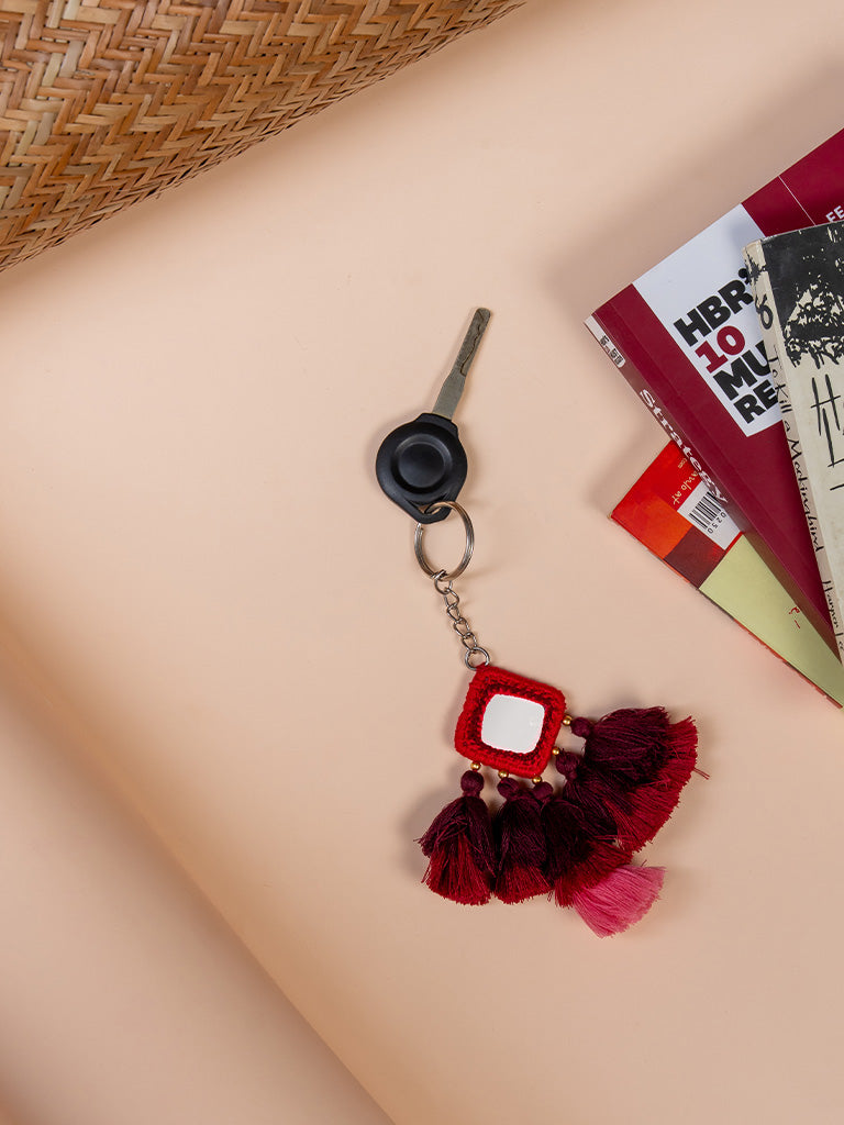 Square Red Mirror & Maroon Tassels Keychain