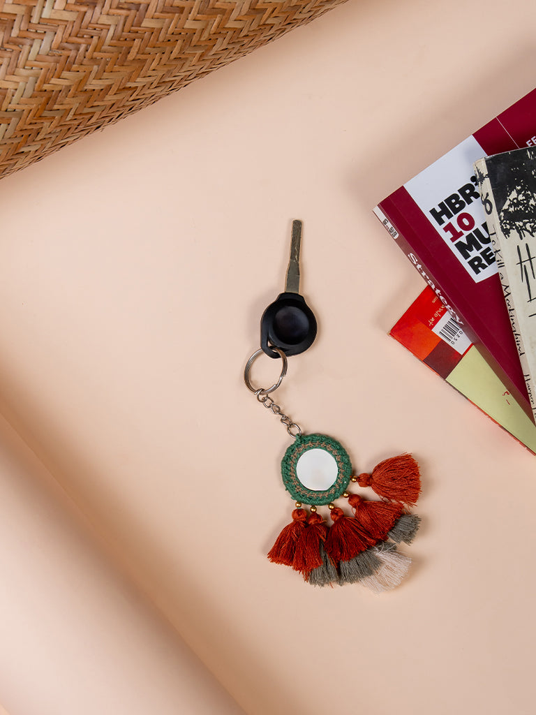 Round Green Mirror and Rust Tassels Keychain