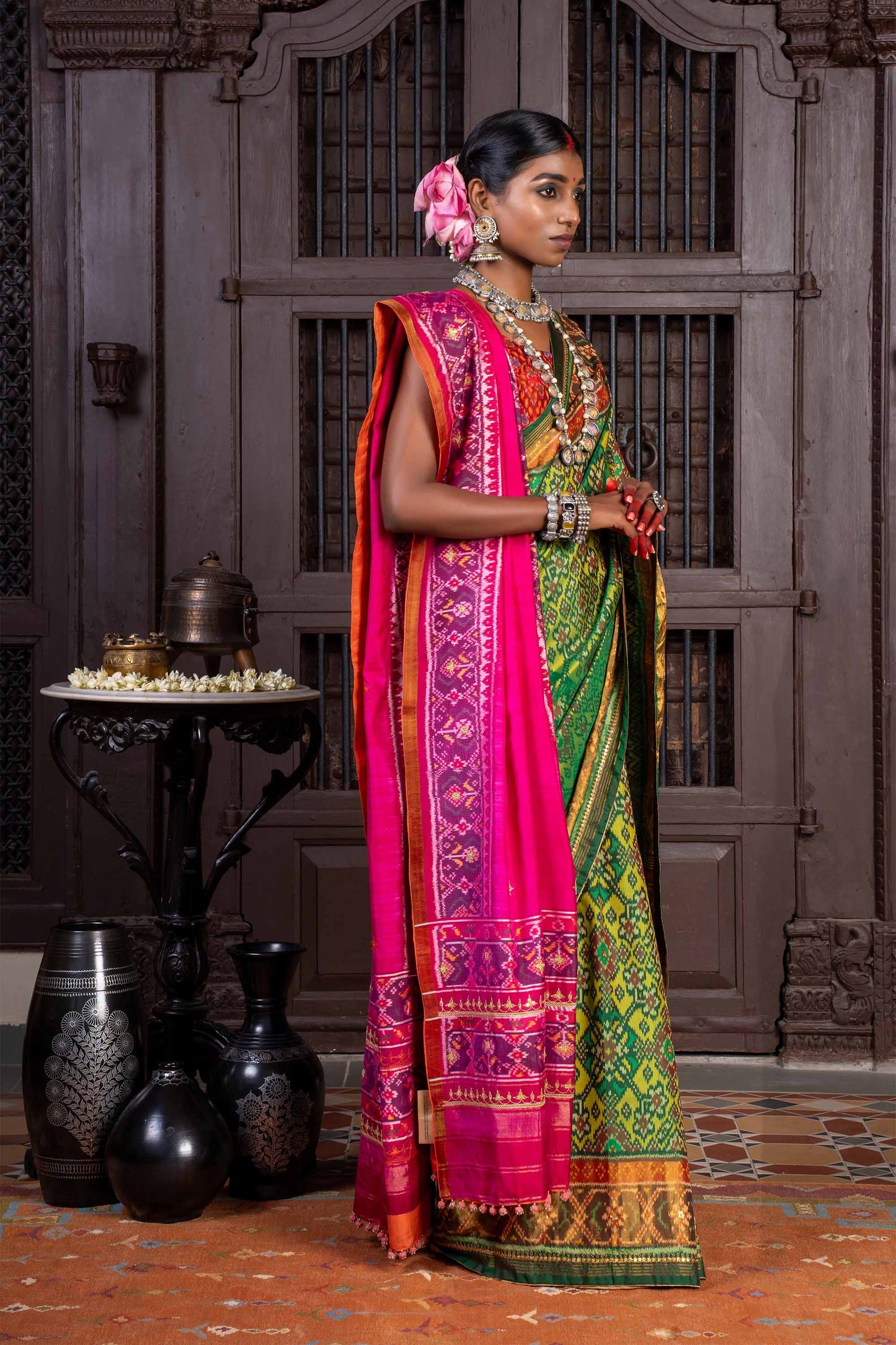 Handembroidered Patola Silk Saree -Green With Khat Work