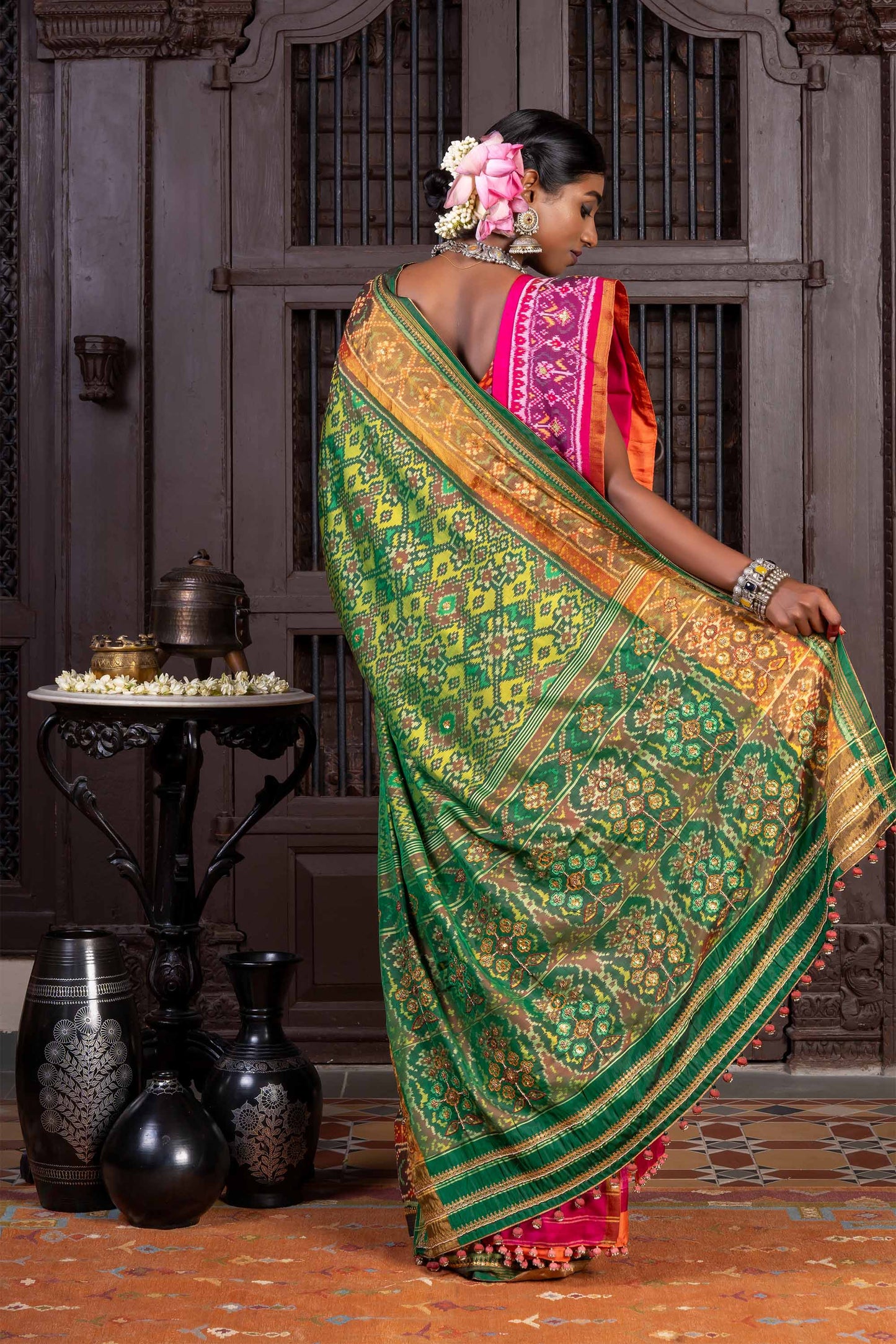 Handembroidered Patola Silk Saree -Green With Khat Work