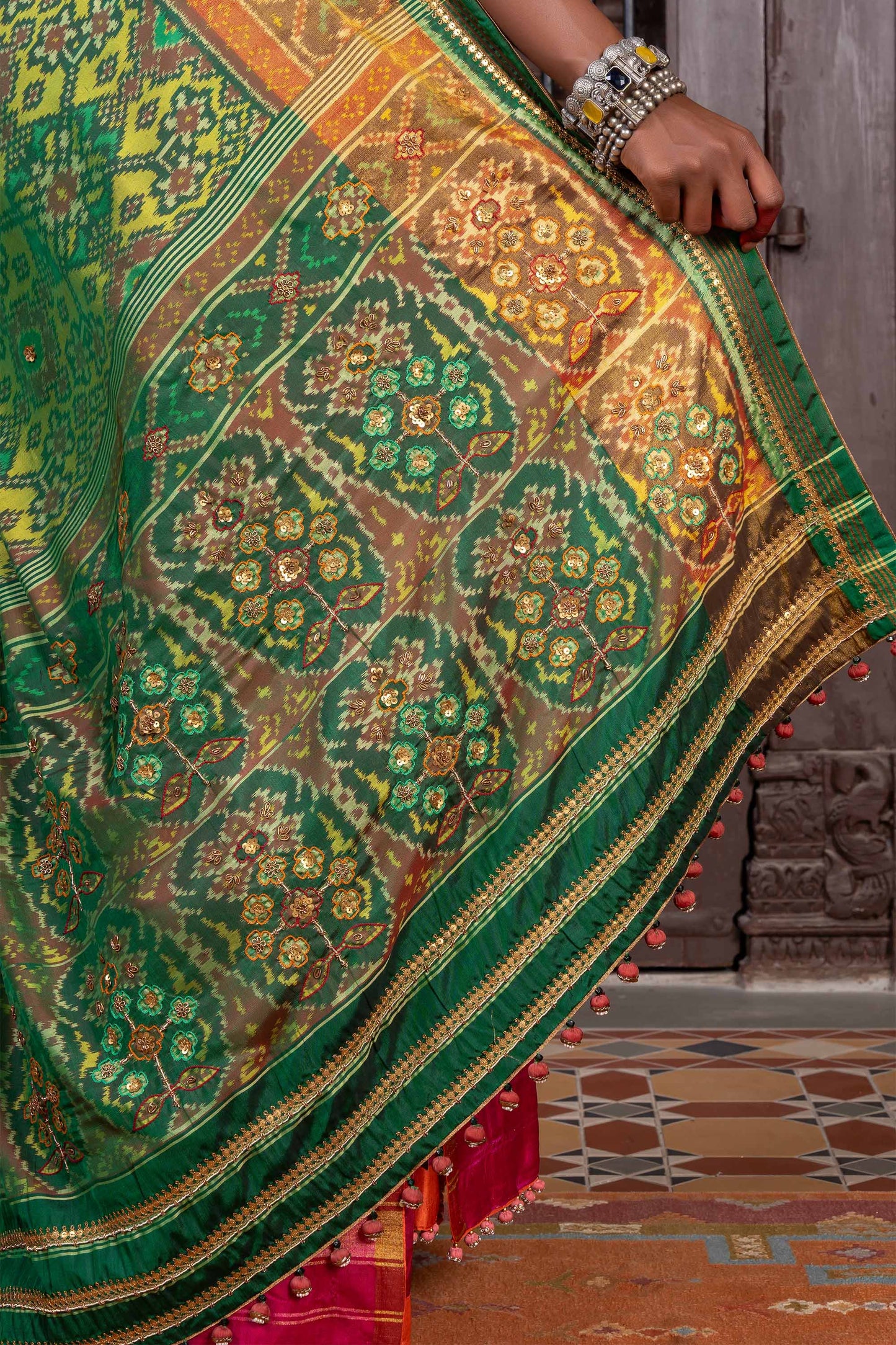 Handembroidered Patola Silk Saree -Green With Khat Work
