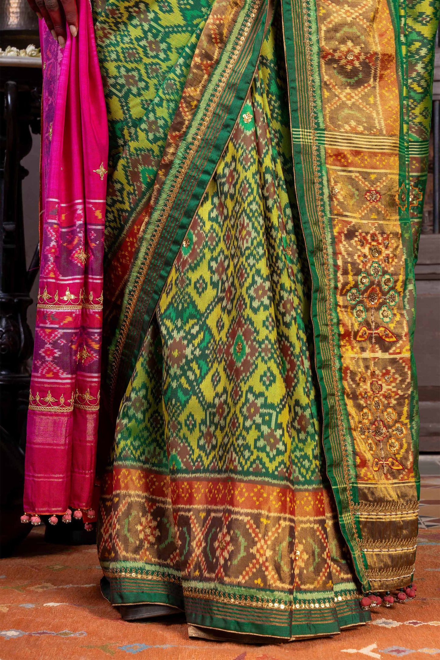 Handembroidered Patola Silk Saree -Green With Khat Work