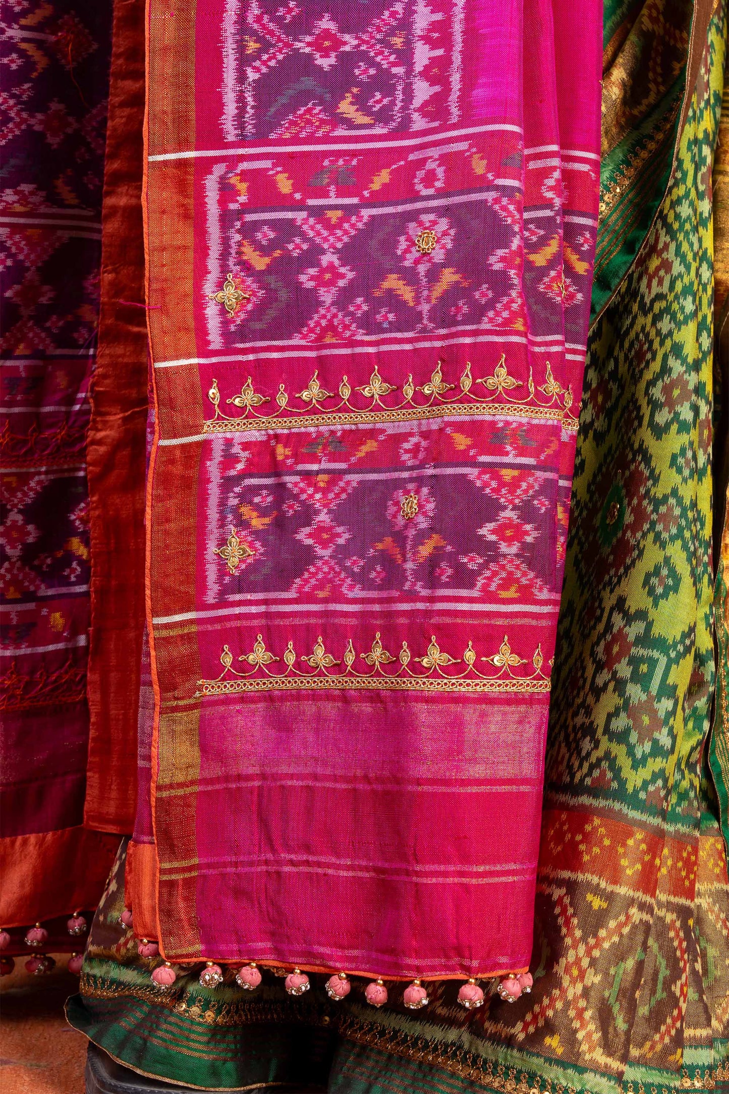 Handembroidered Patola Silk Saree -Green With Khat Work