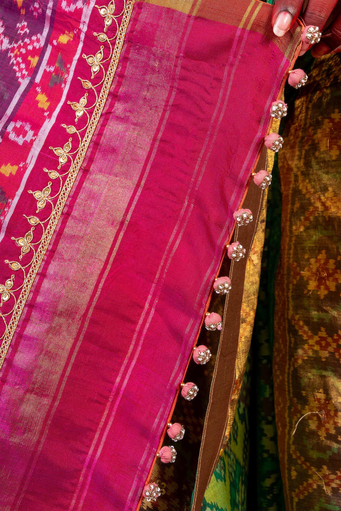 Handembroidered Patola Silk Saree -Green With Khat Work