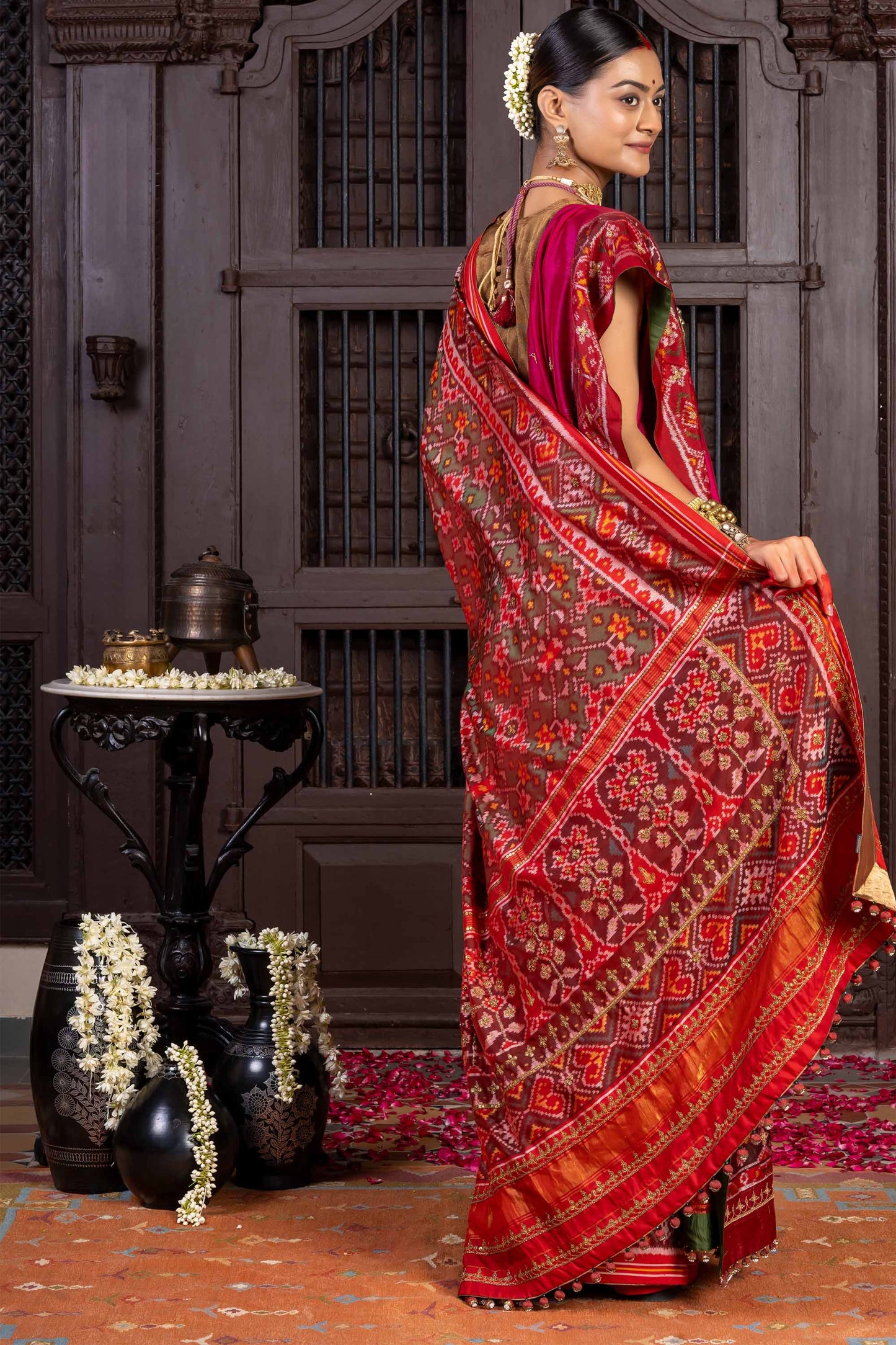 Handcrafted Green Patola Silk Saree With Khat Embroidery