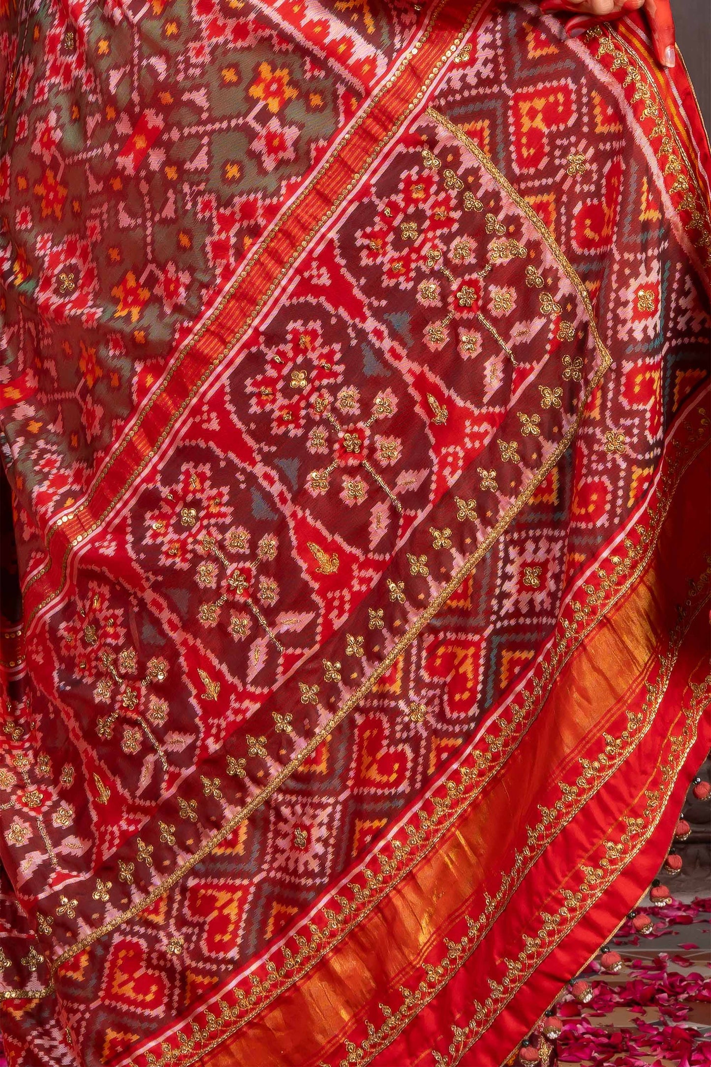 Handcrafted Green Patola Silk Saree With Khat Embroidery