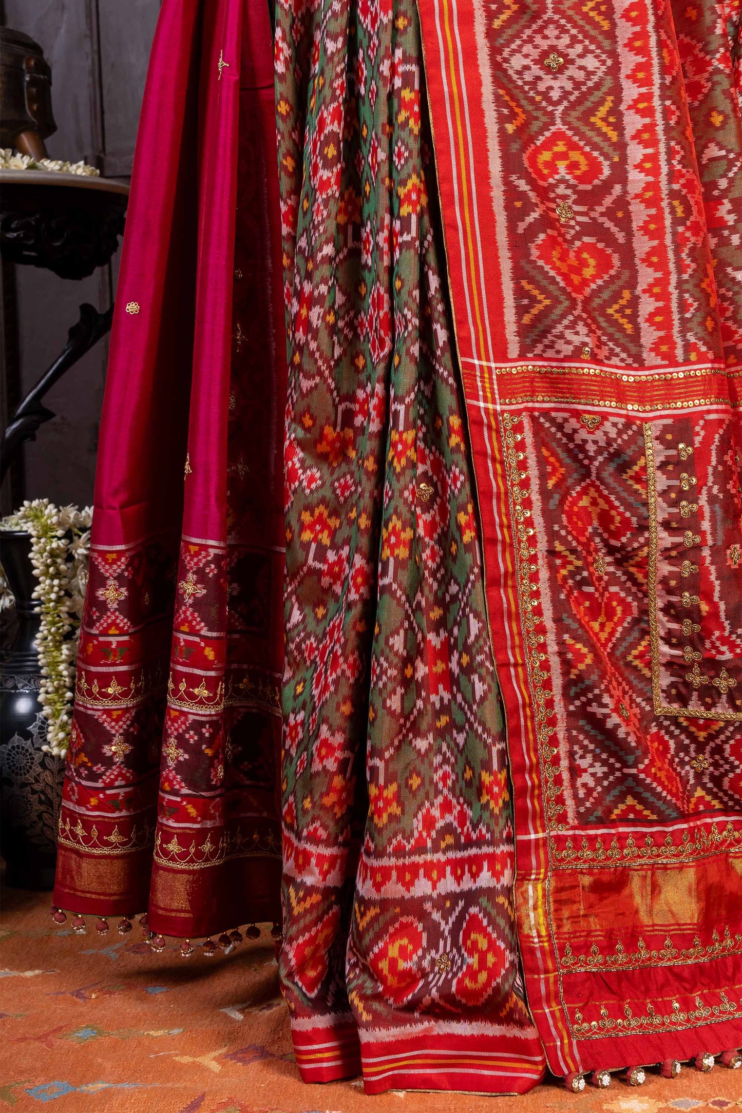 Handcrafted Green Patola Silk Saree With Khat Embroidery