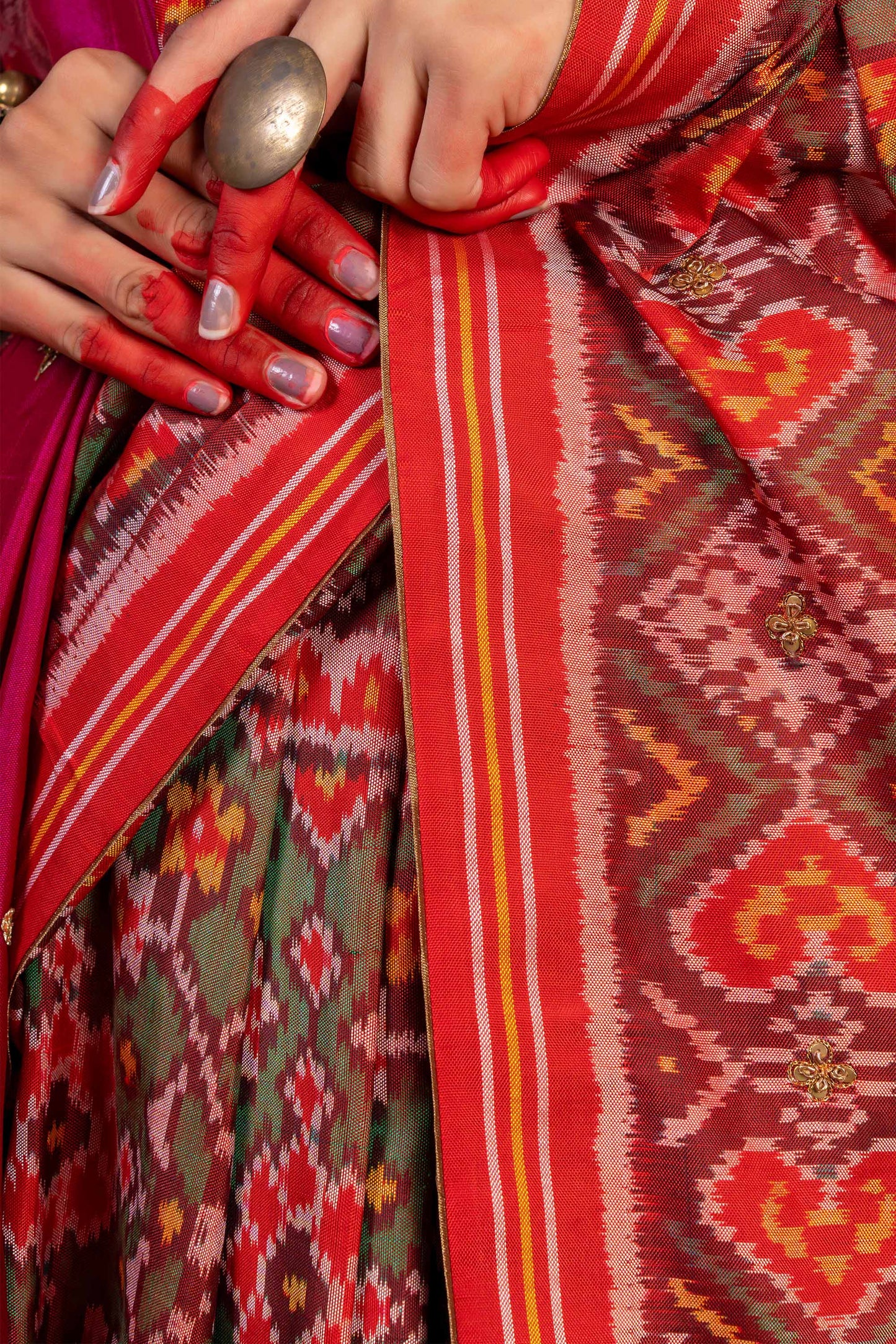 Handcrafted Green Patola Silk Saree With Khat Embroidery