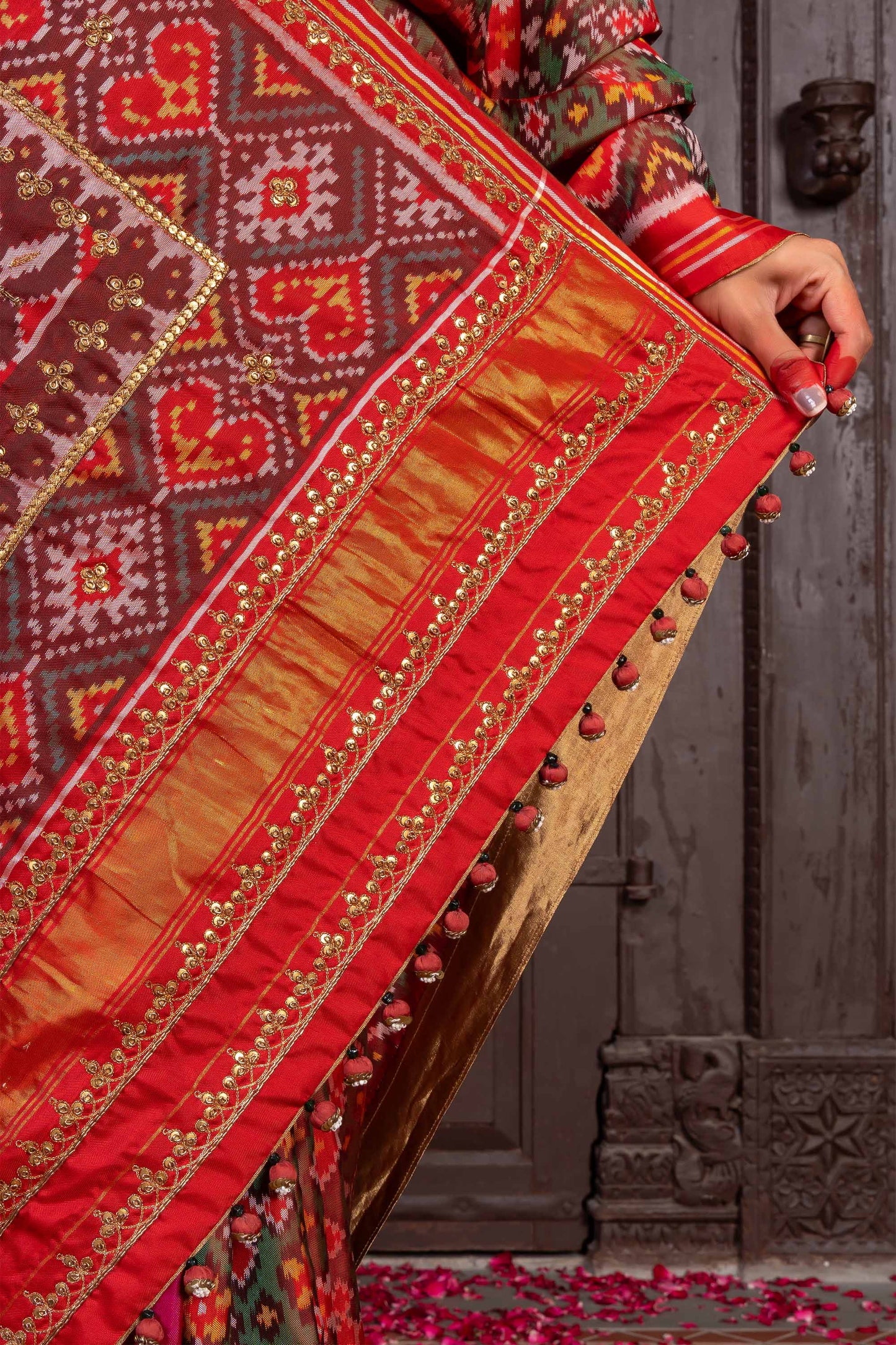 Handcrafted Green Patola Silk Saree With Khat Embroidery