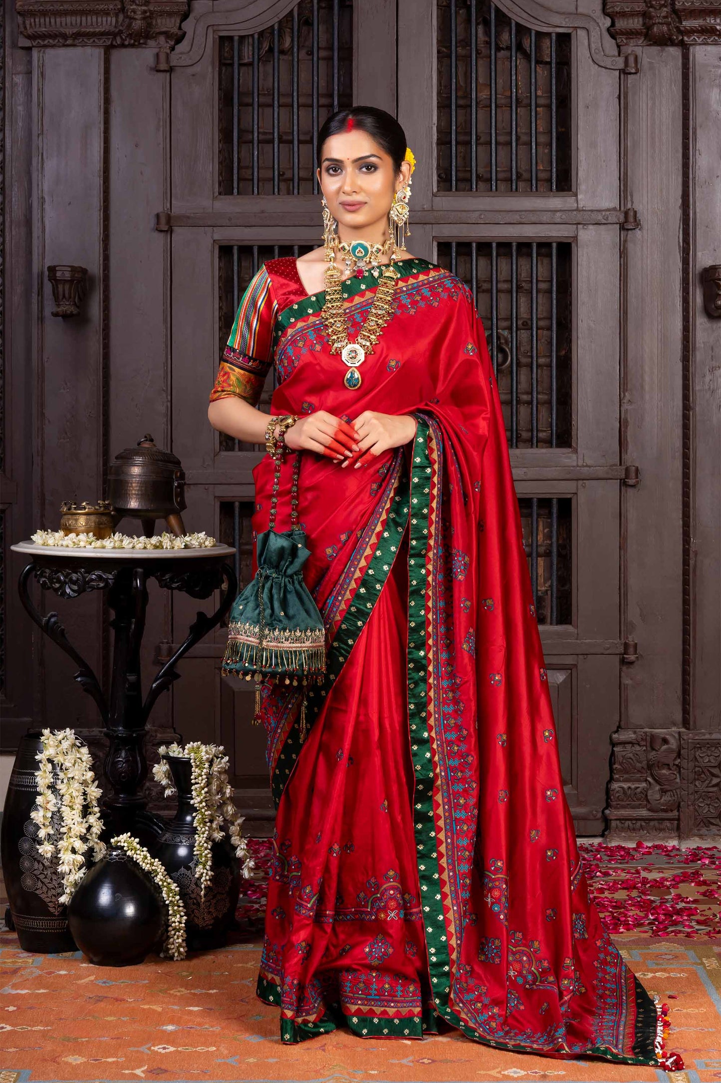 Handcrafted Bright Red Silk Saree With Aari Embroidery