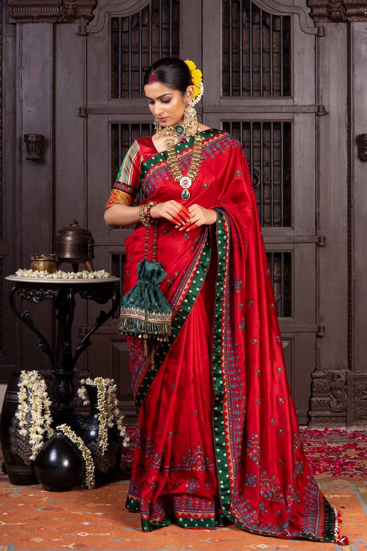 Handcrafted Bright Red Silk Saree With Aari Embroidery