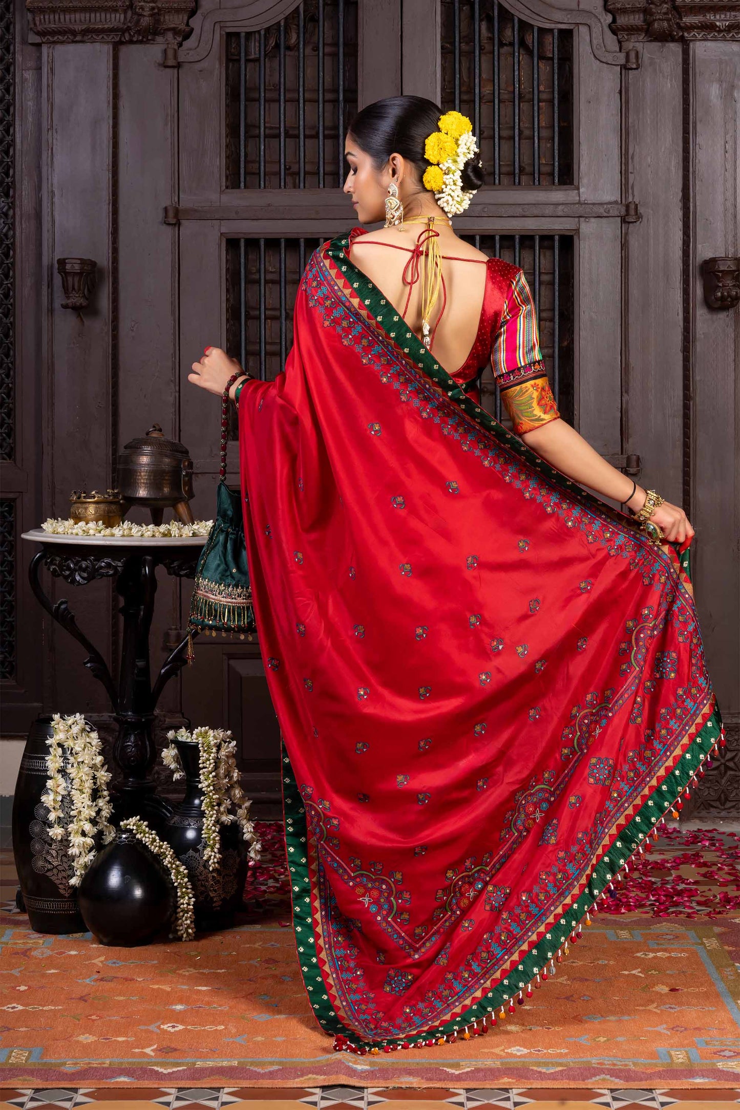 Handcrafted Bright Red Silk Saree With Aari Embroidery