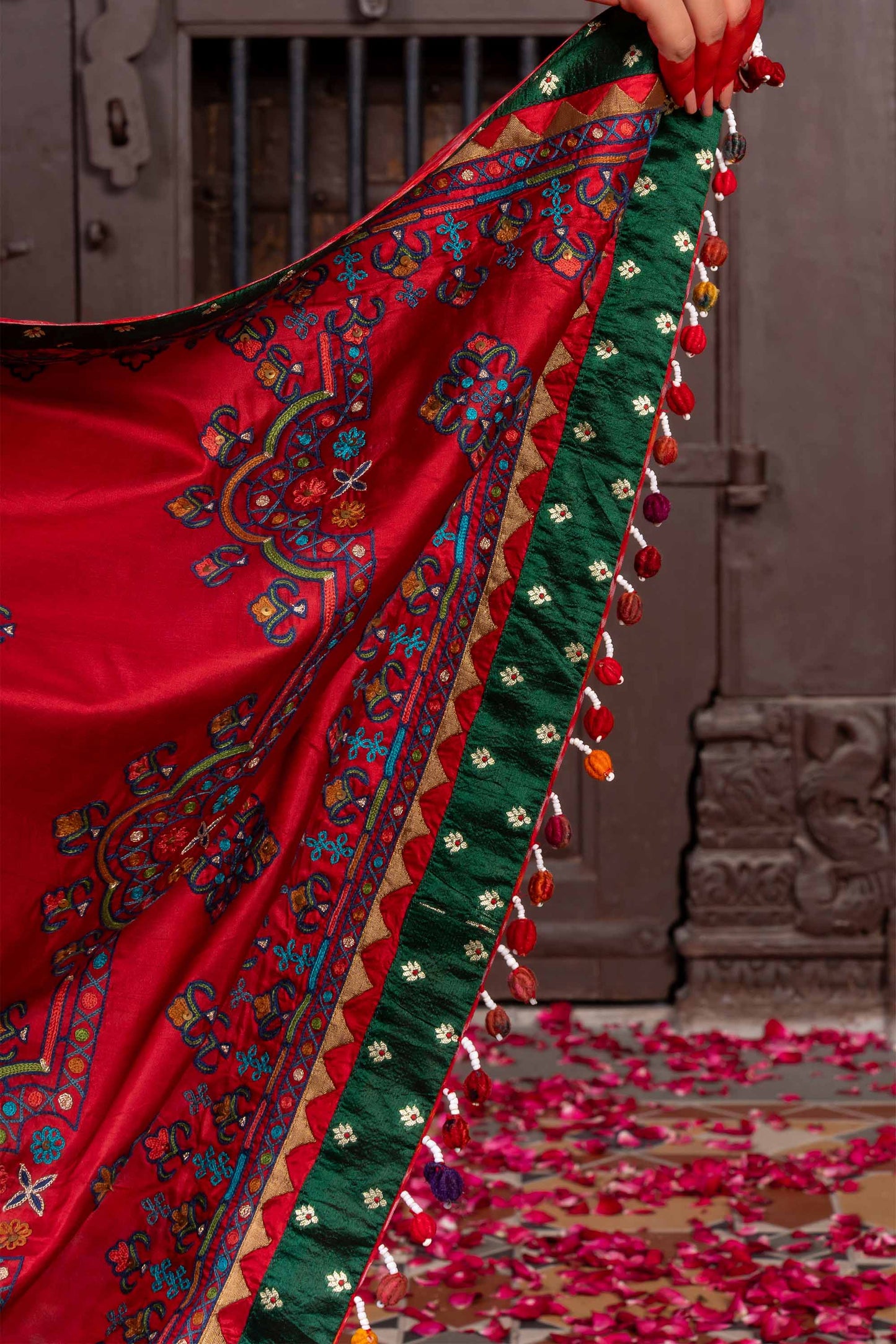 Handcrafted Bright Red Silk Saree With Aari Embroidery