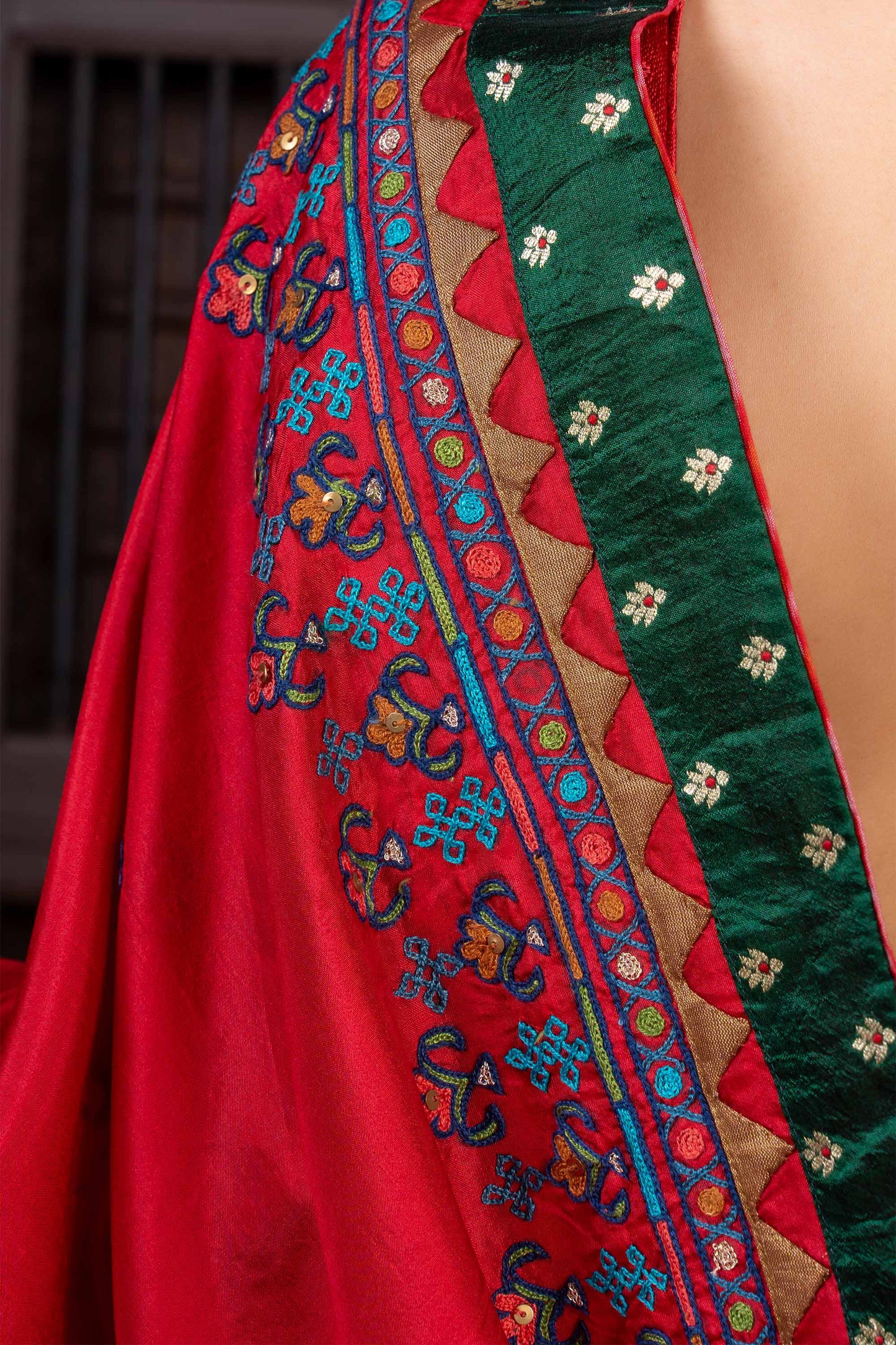 Handcrafted Bright Red Silk Saree With Aari Embroidery