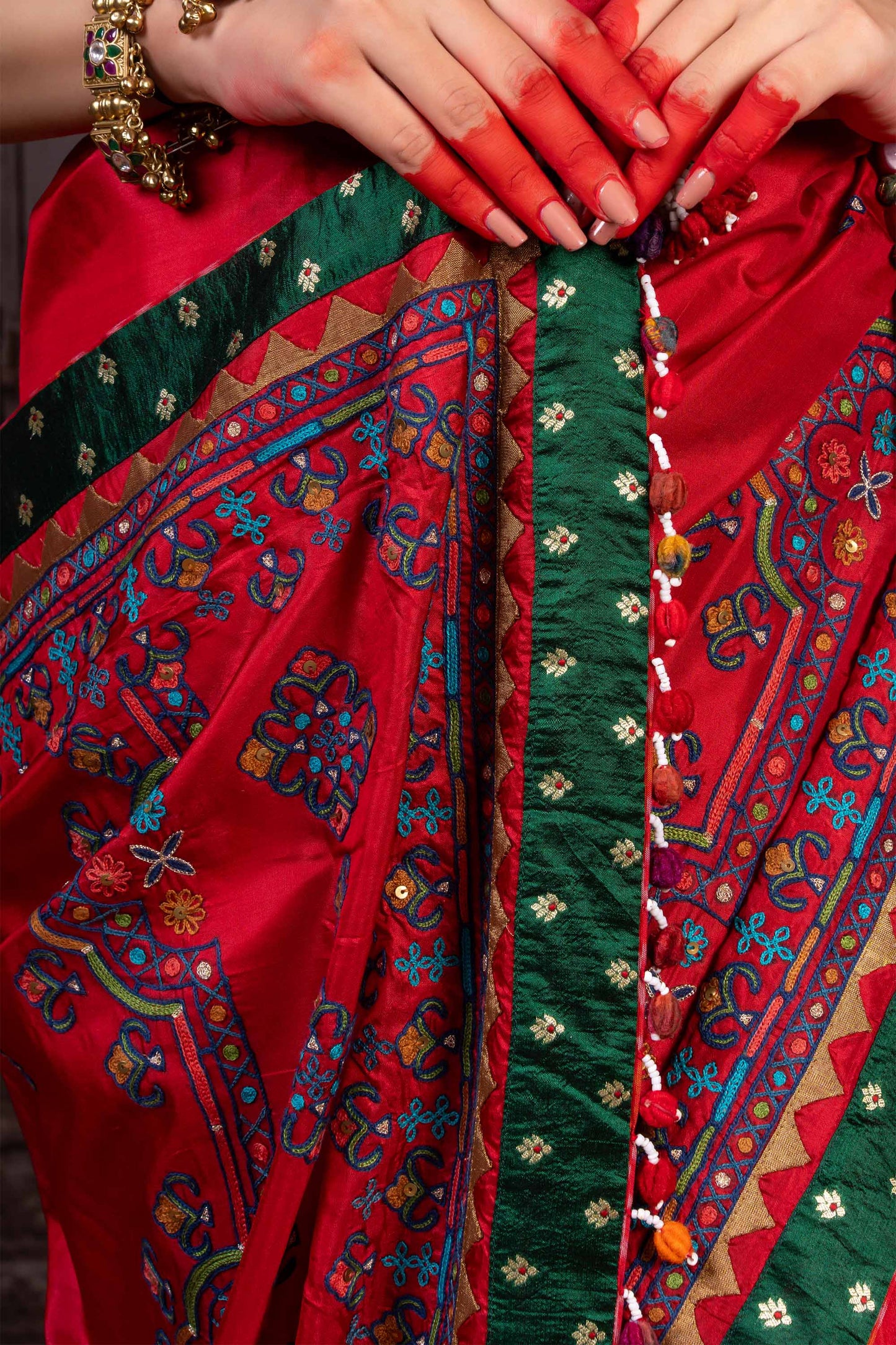 Handcrafted Bright Red Silk Saree With Aari Embroidery