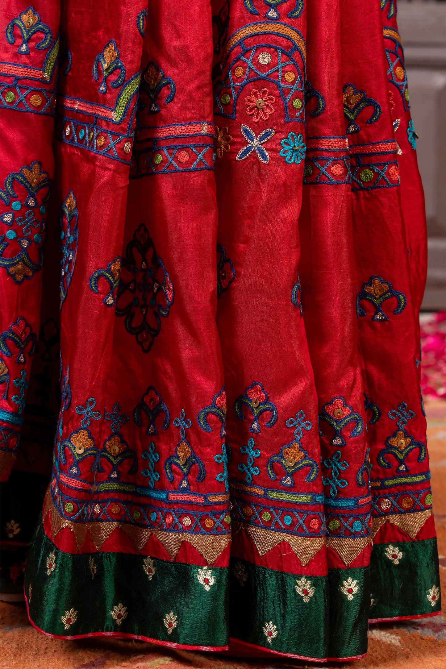 Handcrafted Bright Red Silk Saree With Aari Embroidery